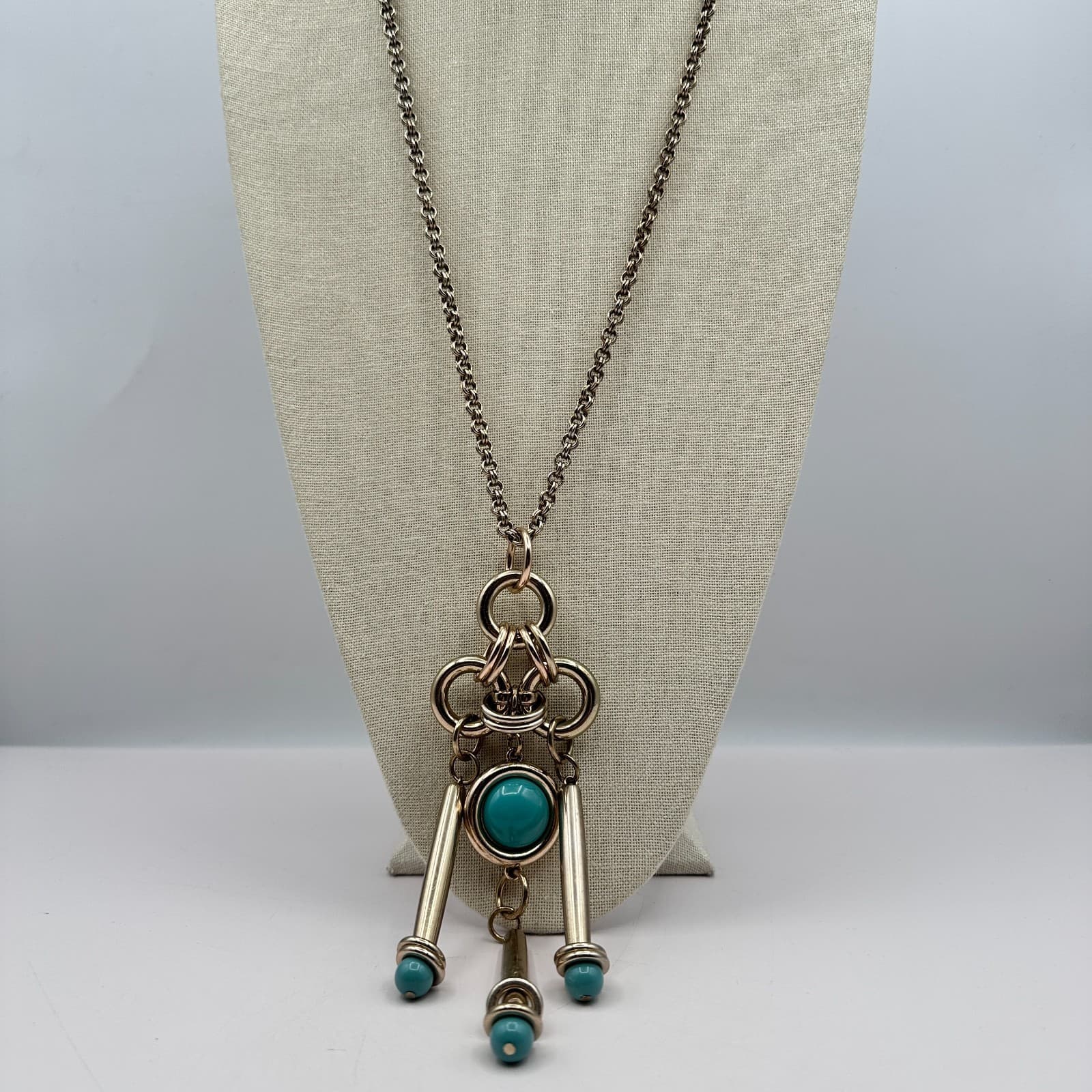 Vintage 80s Silver Tone Teal Beaded Chunky Necklace Statement Women's Jewelry - Thumbnail 4