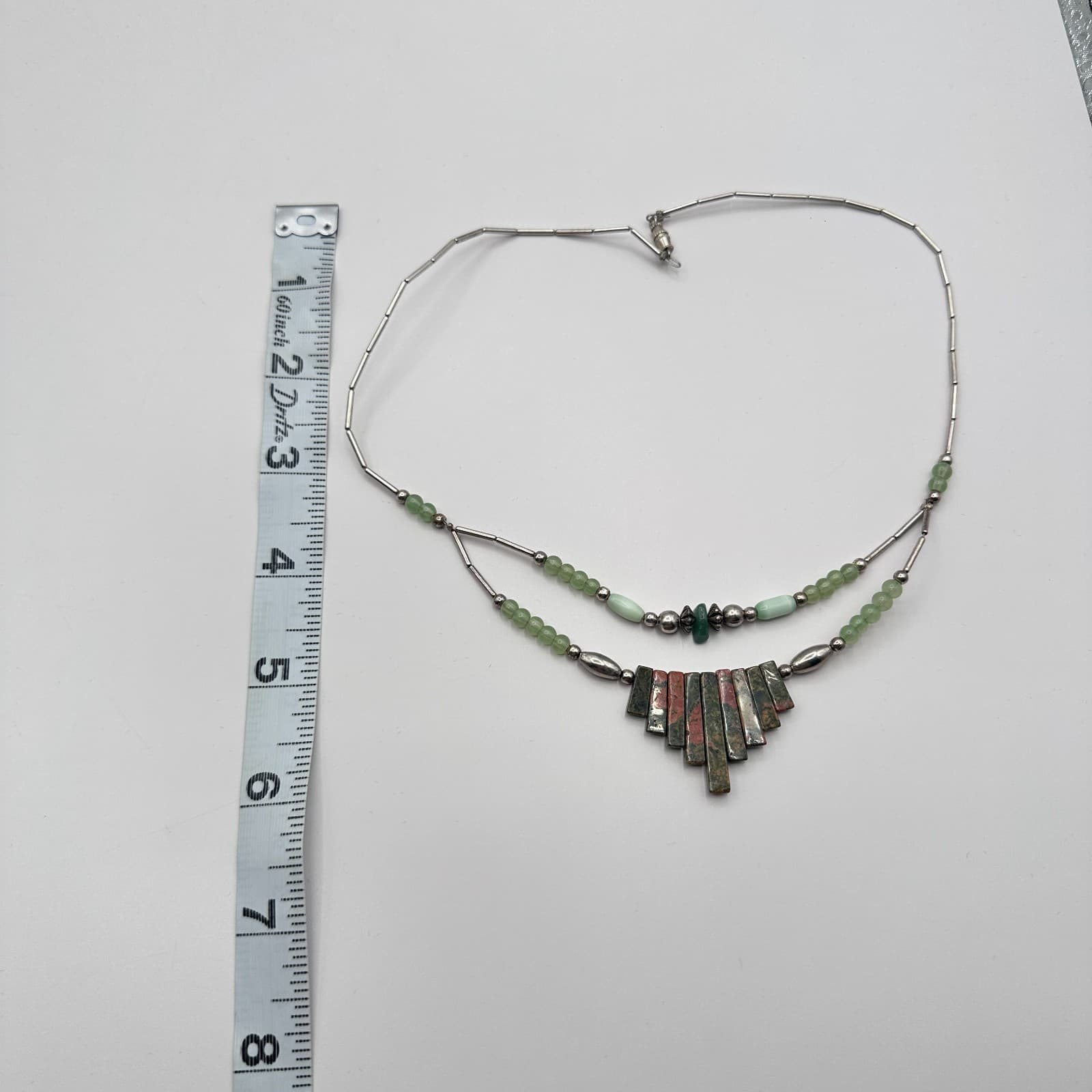 Vintage 80s Silver Tone Southwestern Unakite Green Aventurine Beaded Necklace - Thumbnail 6