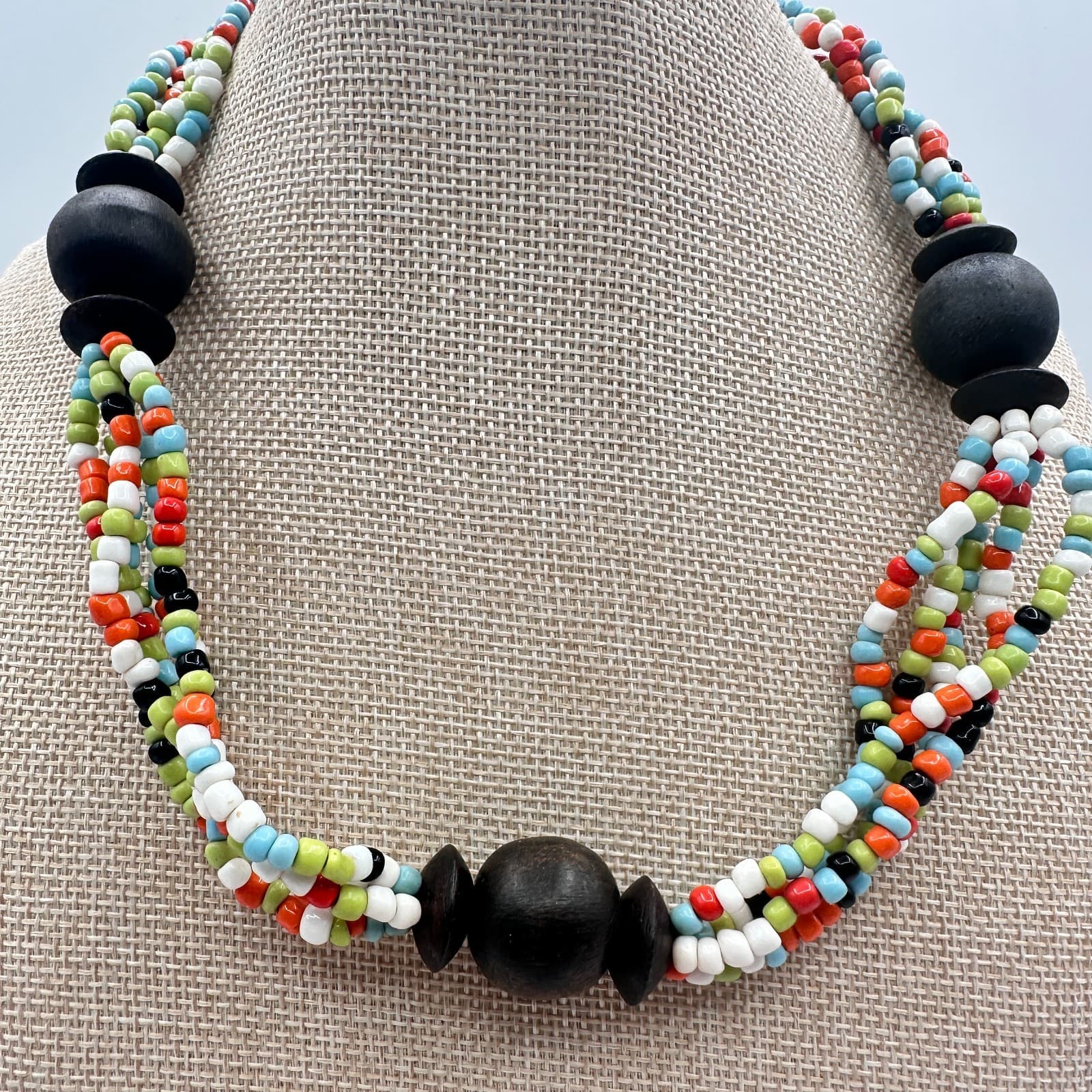 Vintage 90s Colorful Multi Strand Glass Wood Bead Statement Necklace Jewelry - Thumbnail 2