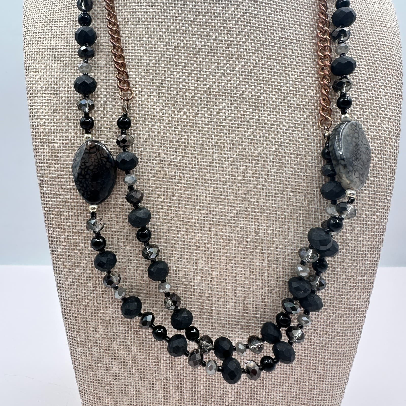 Vintage Y2K Multi-Strand Black Grey Glass Beaded Necklace Silver Tone Jewelry - Thumbnail 2