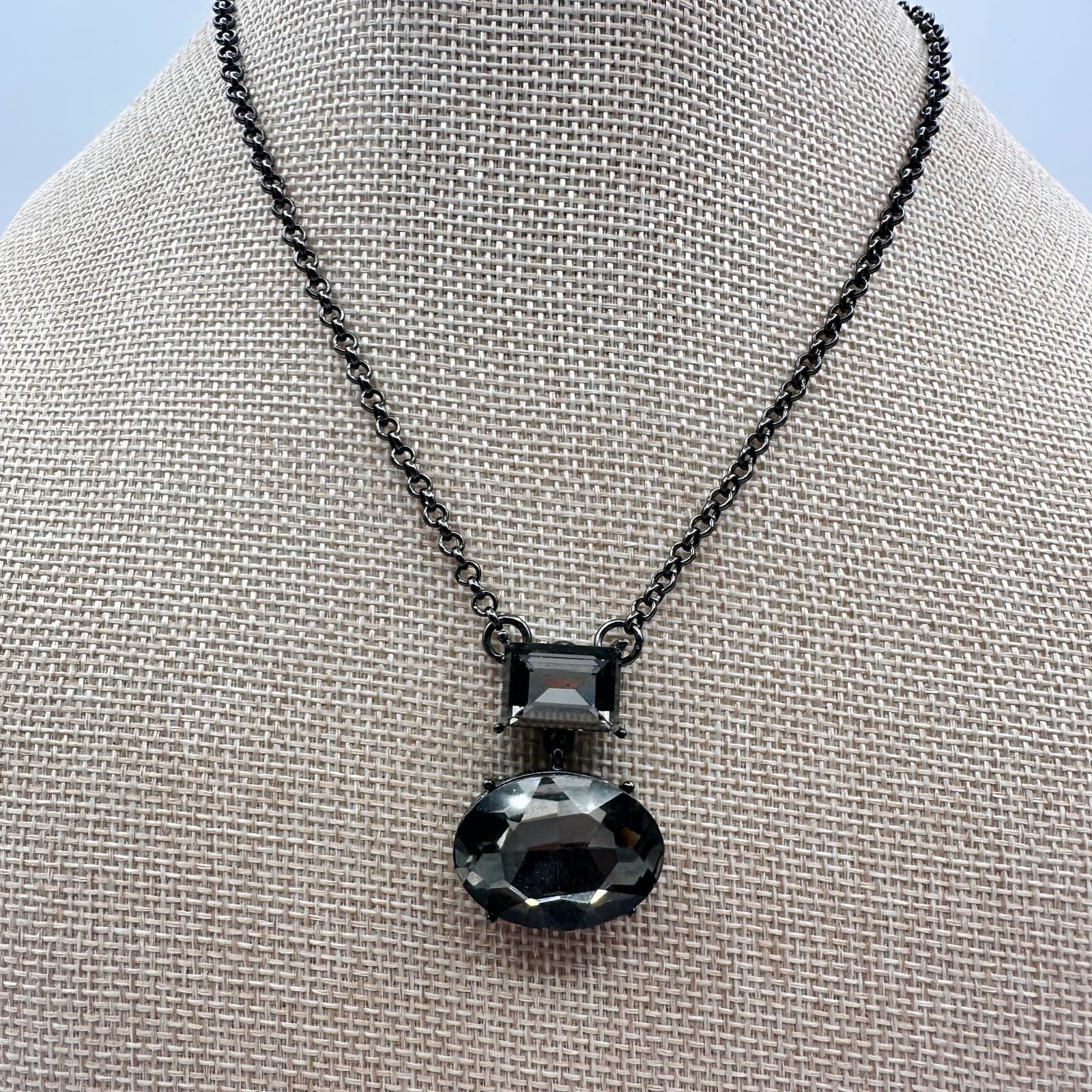 Vintage Y2K Gunmetal Tone Rhinestone Pendant Necklace Statement Women's Jewelry - Thumbnail 3