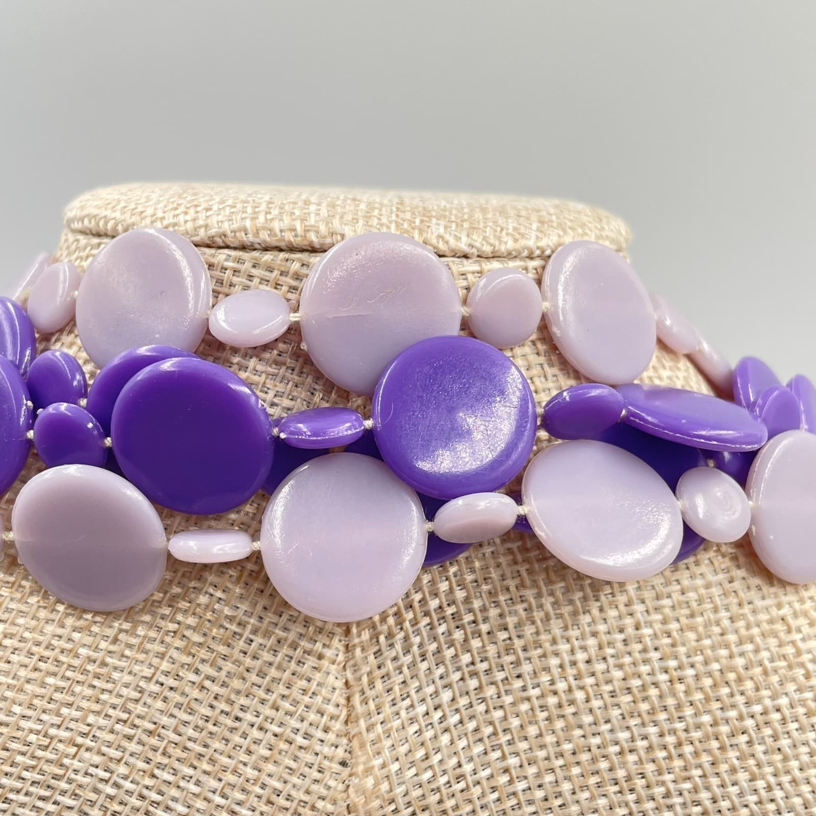 Vintage Purple Mod Multi Strand Necklace Disc Bead Layered Retro Plastic Art - Thumbnail 5