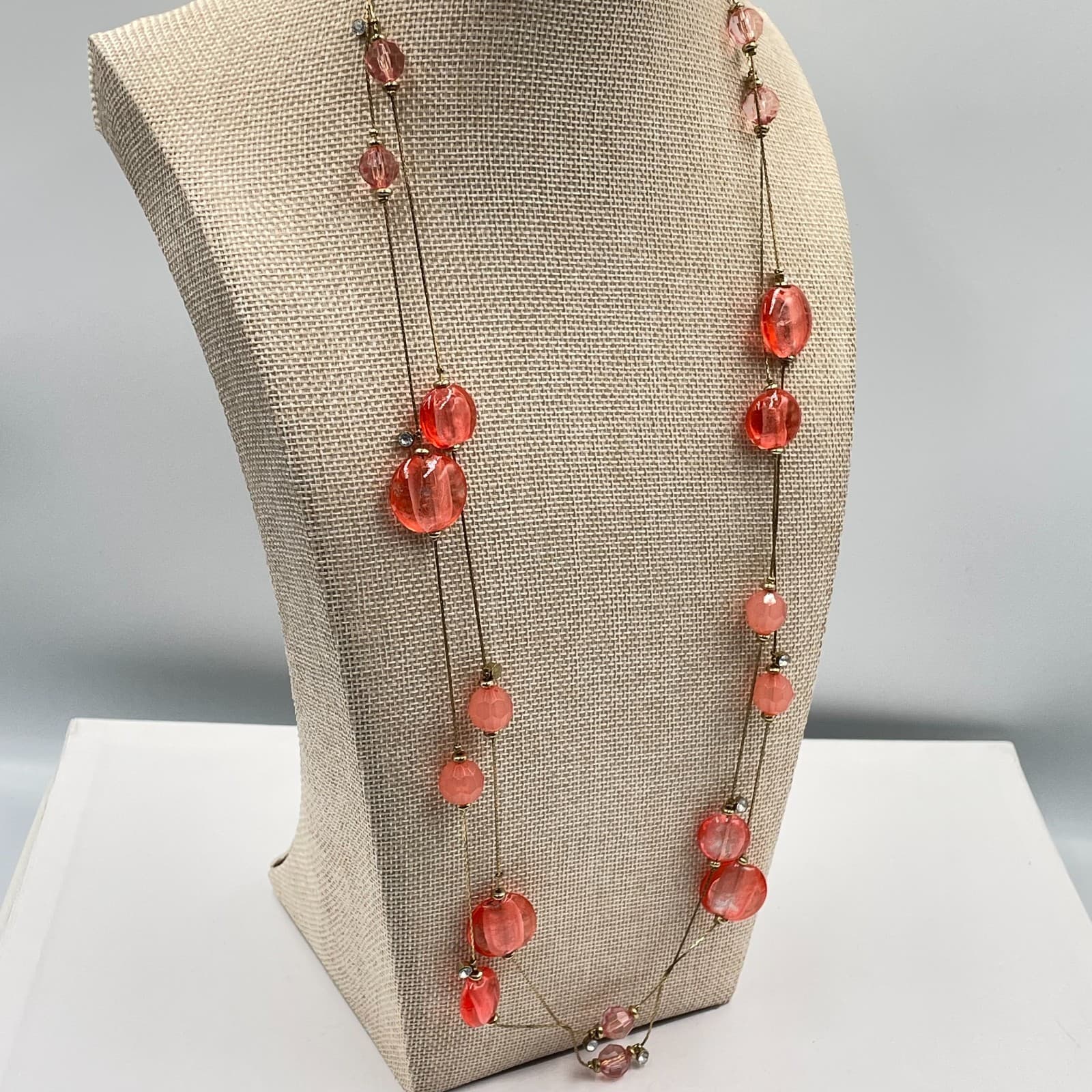 Vintage Coral Pink Art Deco Layered Necklace Murano Style Glass Bead Gold Tone - Thumbnail 5