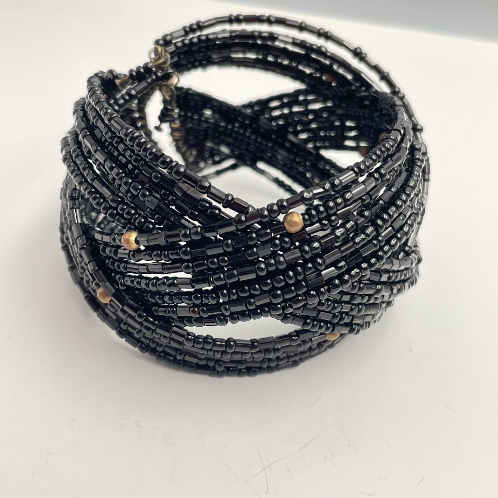 Vintage 90s Multi-Strand Seed Bead Cuff Bracelet Mix Blue Black Braided Jewelry - Thumbnail 3