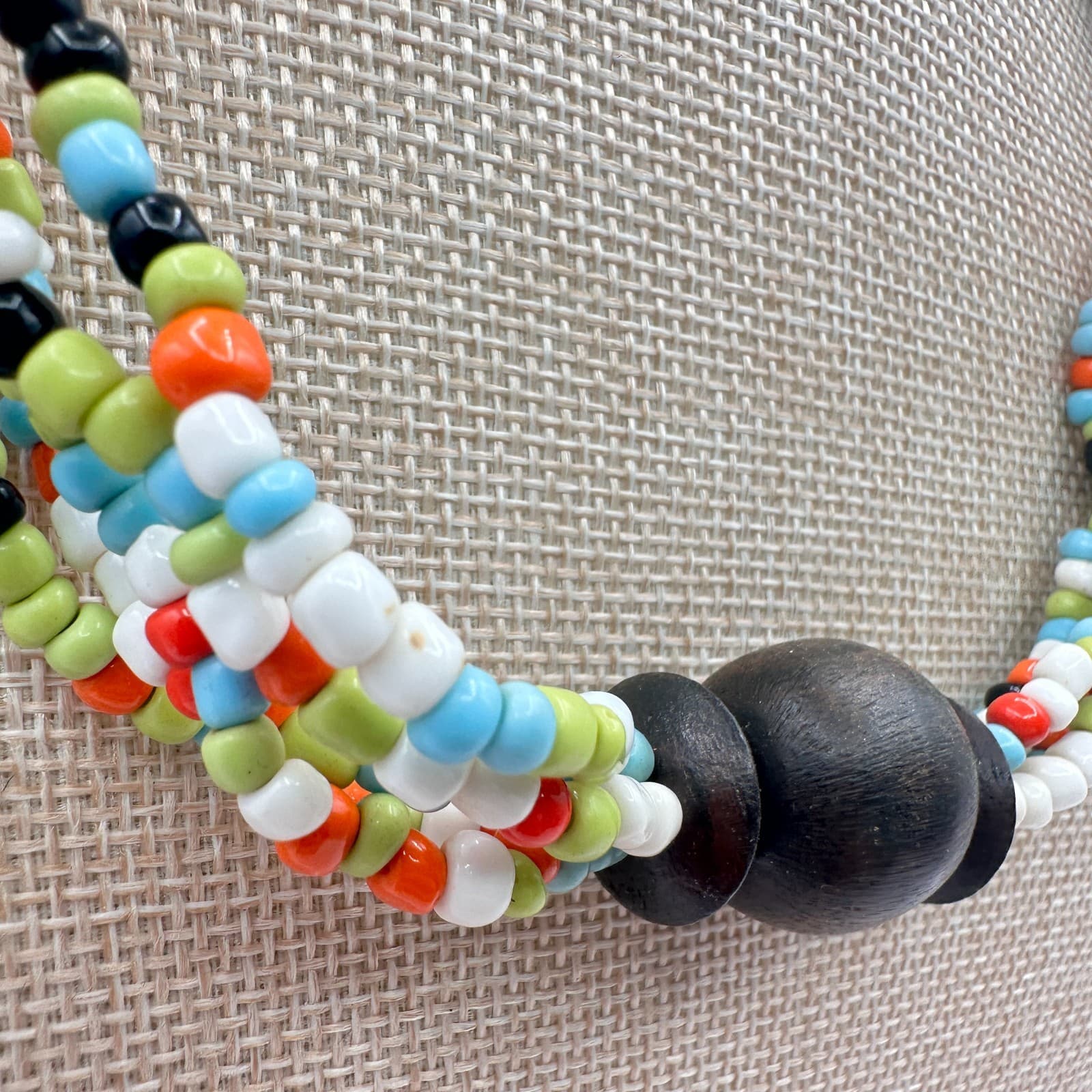 Vintage 90s Colorful Multi Strand Glass Wood Bead Statement Necklace Jewelry - Thumbnail 4