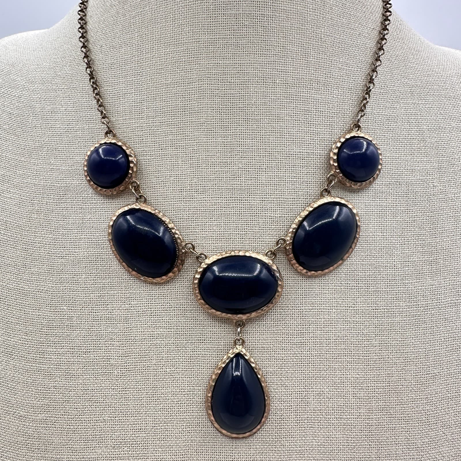 Vintage Y2K Gold Tone Navy Blue Bib Pendent Necklace Statement Women's Jewelry - Thumbnail 3