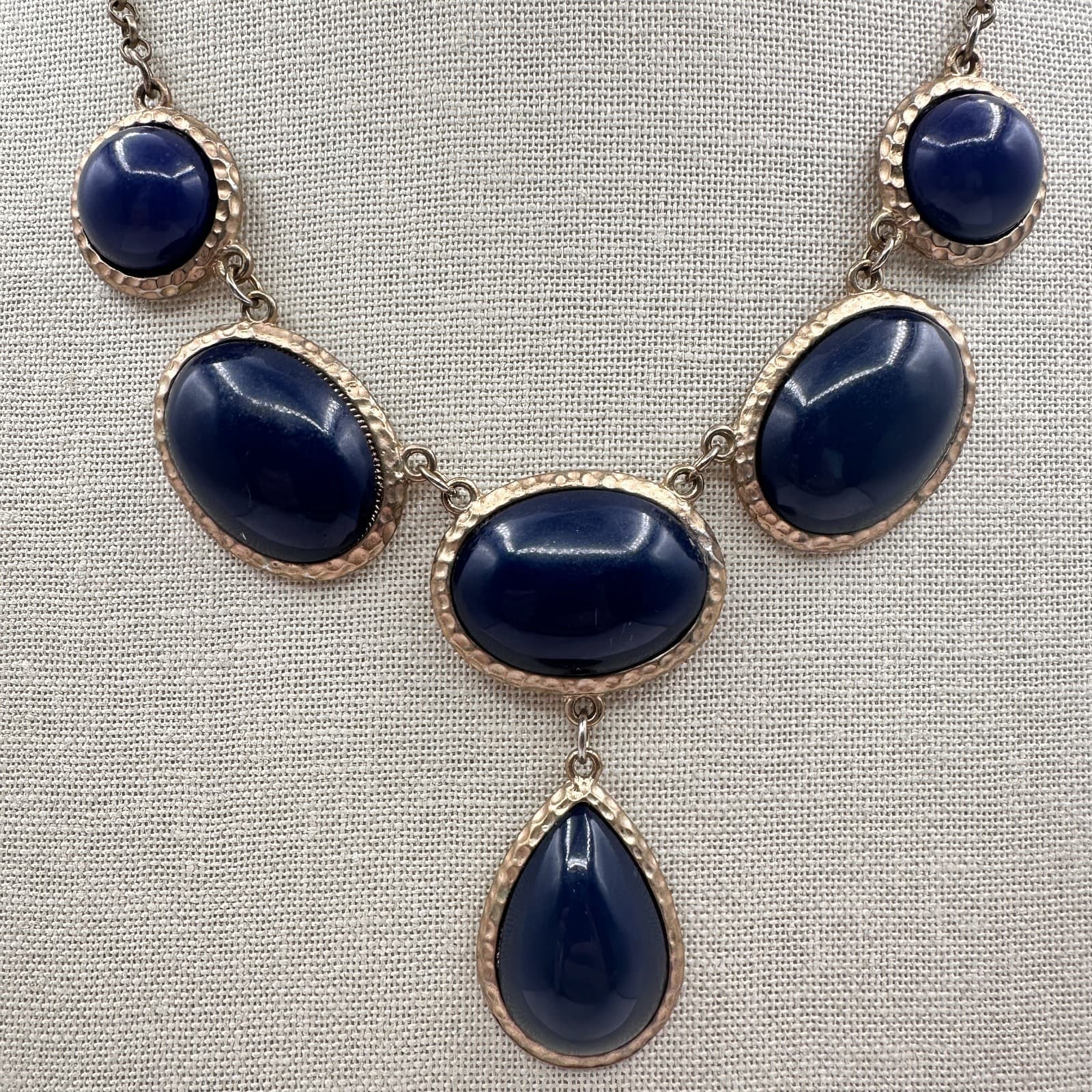 Vintage Y2K Gold Tone Navy Blue Bib Pendent Necklace Statement Women's Jewelry - Thumbnail 4