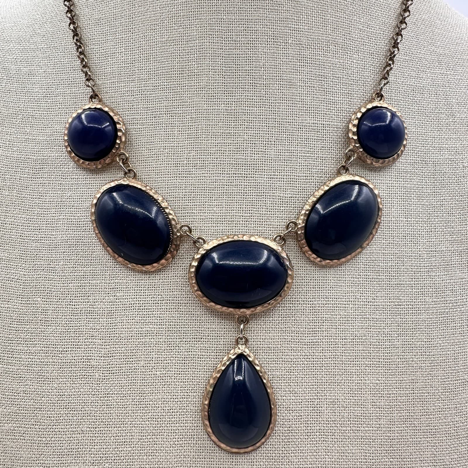 Vintage Y2K Gold Tone Navy Blue Bib Pendent Necklace Statement Women's Jewelry - Thumbnail 2