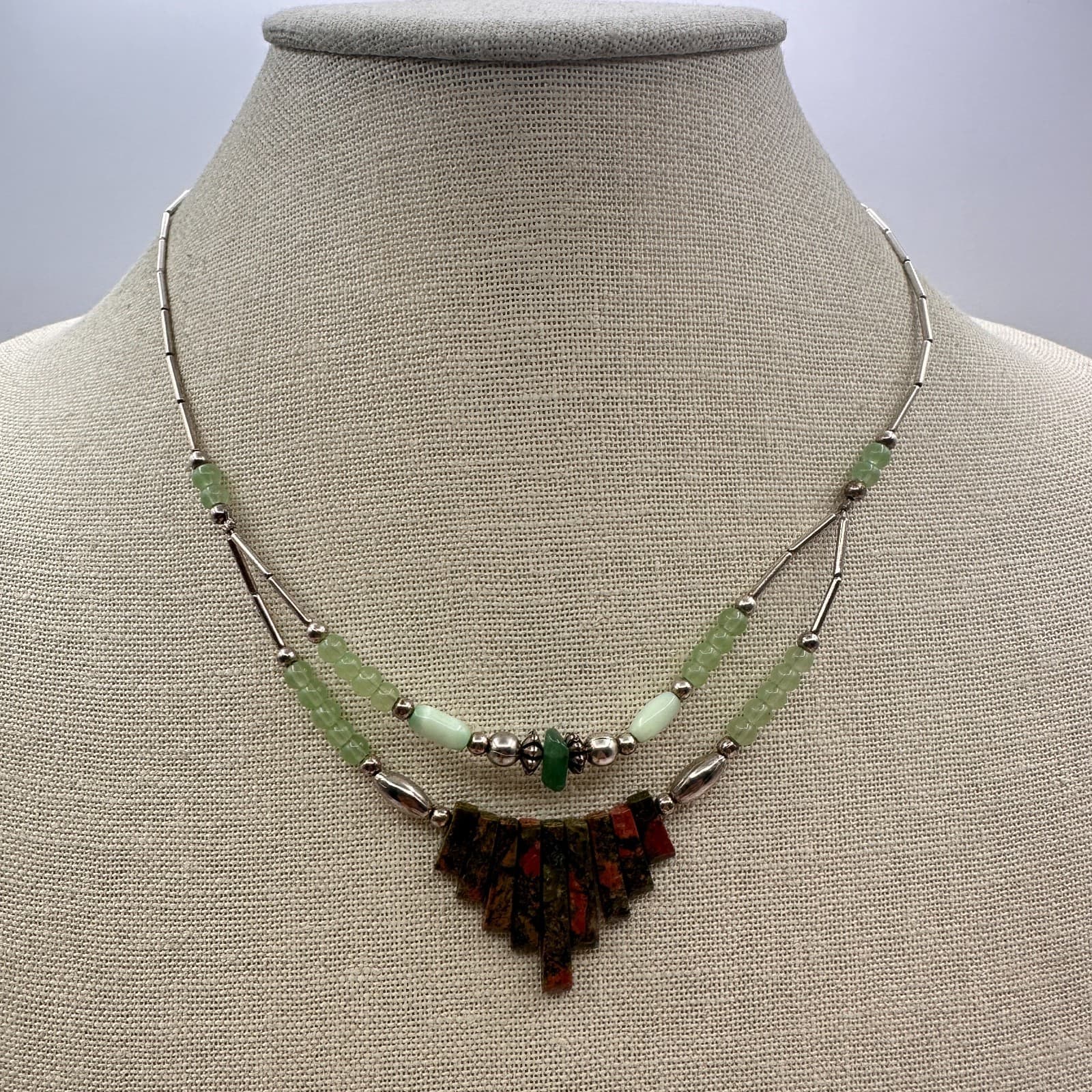 Vintage 80s Silver Tone Southwestern Unakite Green Aventurine Beaded Necklace - Thumbnail 3