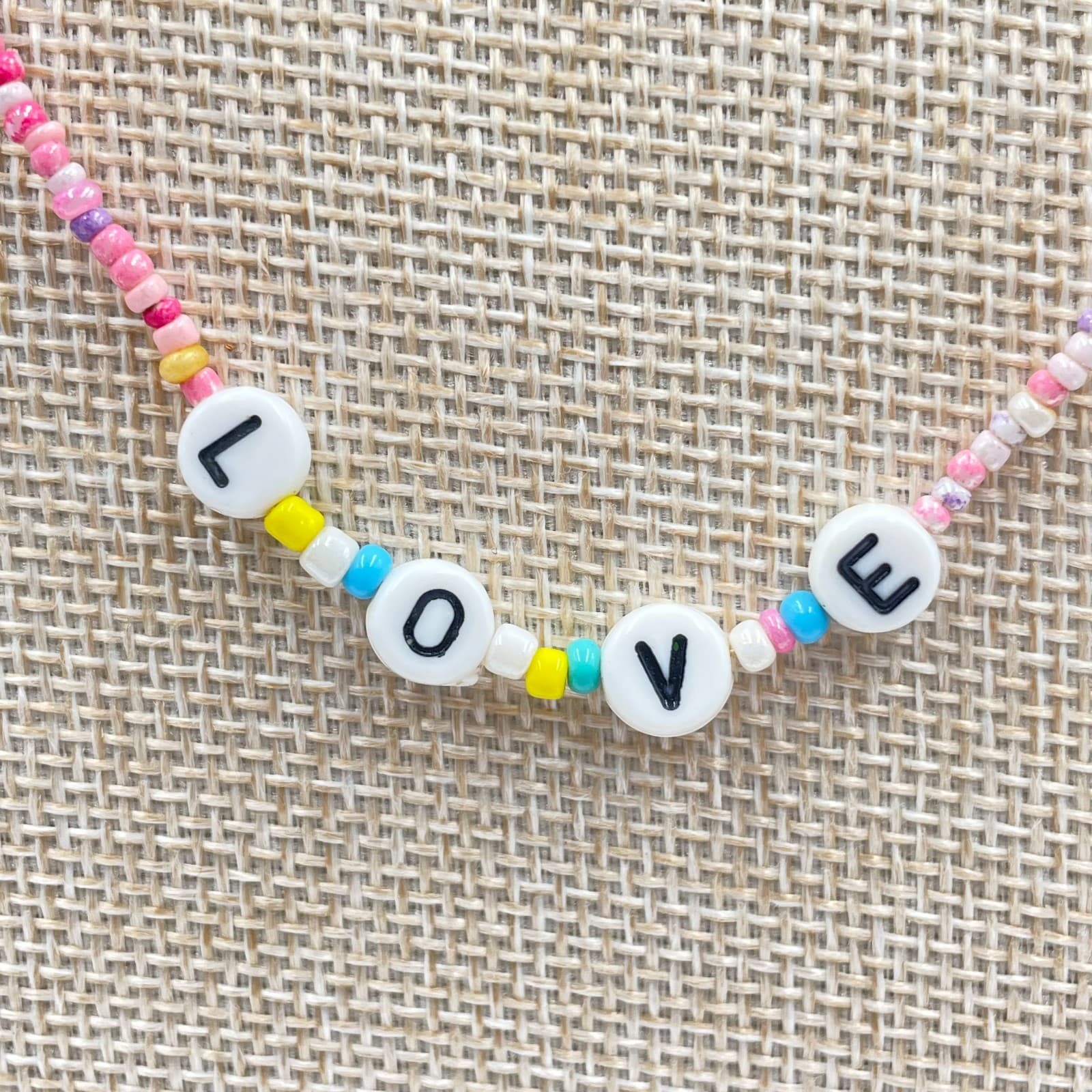 Vintage Boho Beaded LOVE Necklace Pink White Seed Bead Choker Fun Colorful Gift - Thumbnail 3