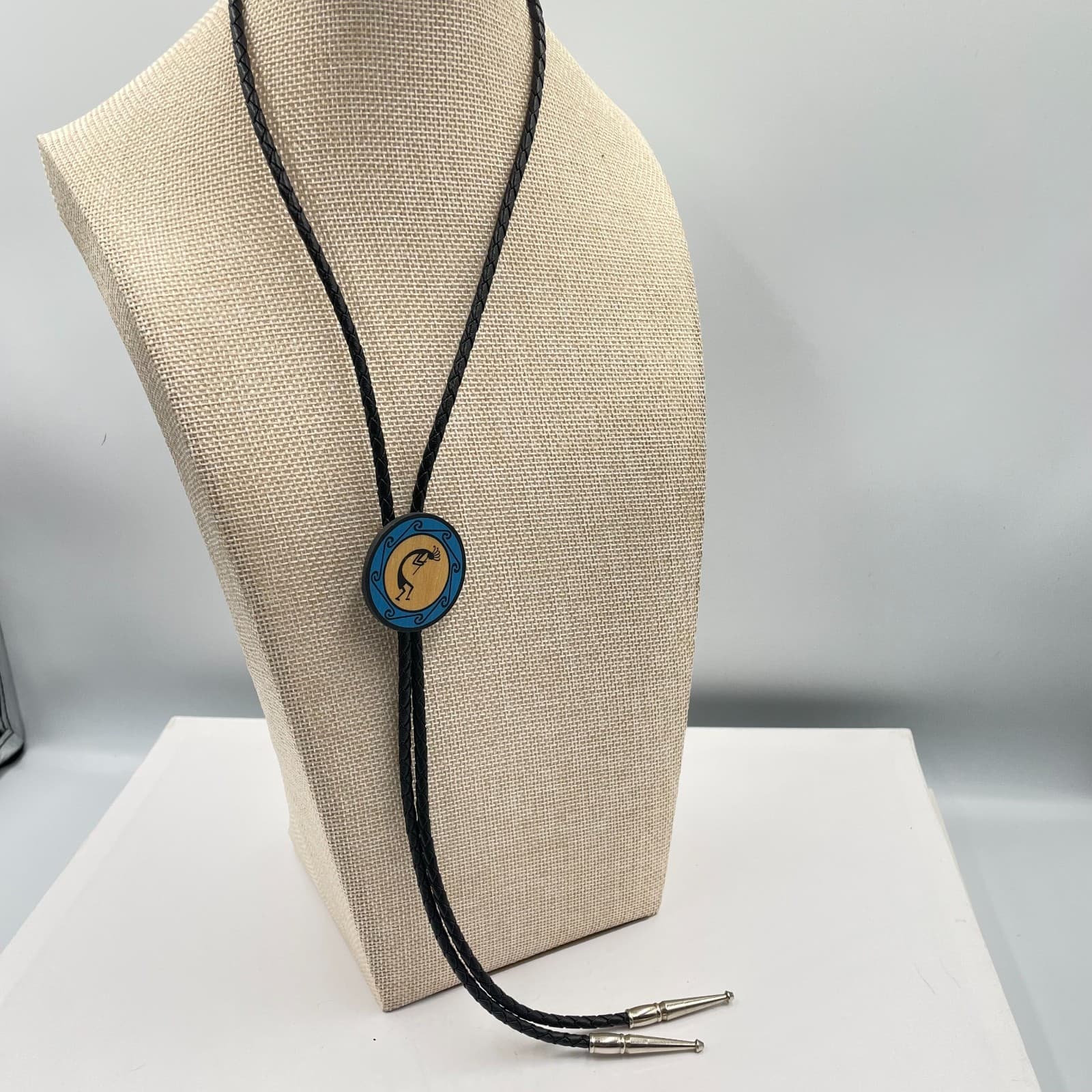 Kokopelli Bolo Tie Southwestern Wood Inlay Pendant Braided Leather Cord Western - Thumbnail 6