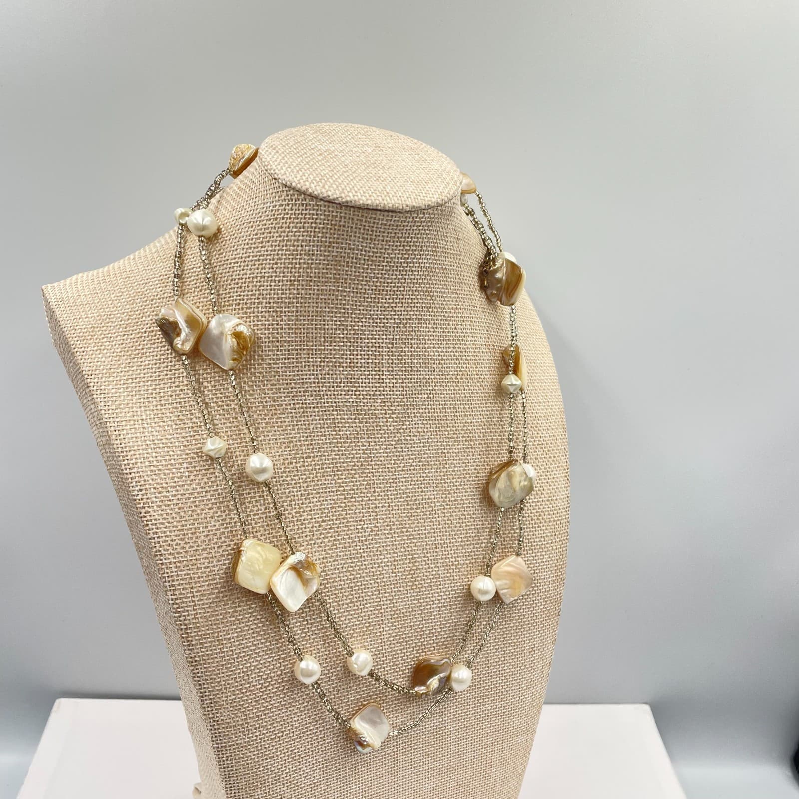 Vintage Mother of Pearl Shell Pearl Double Strand Layered Necklace Boho Cream - Thumbnail 4