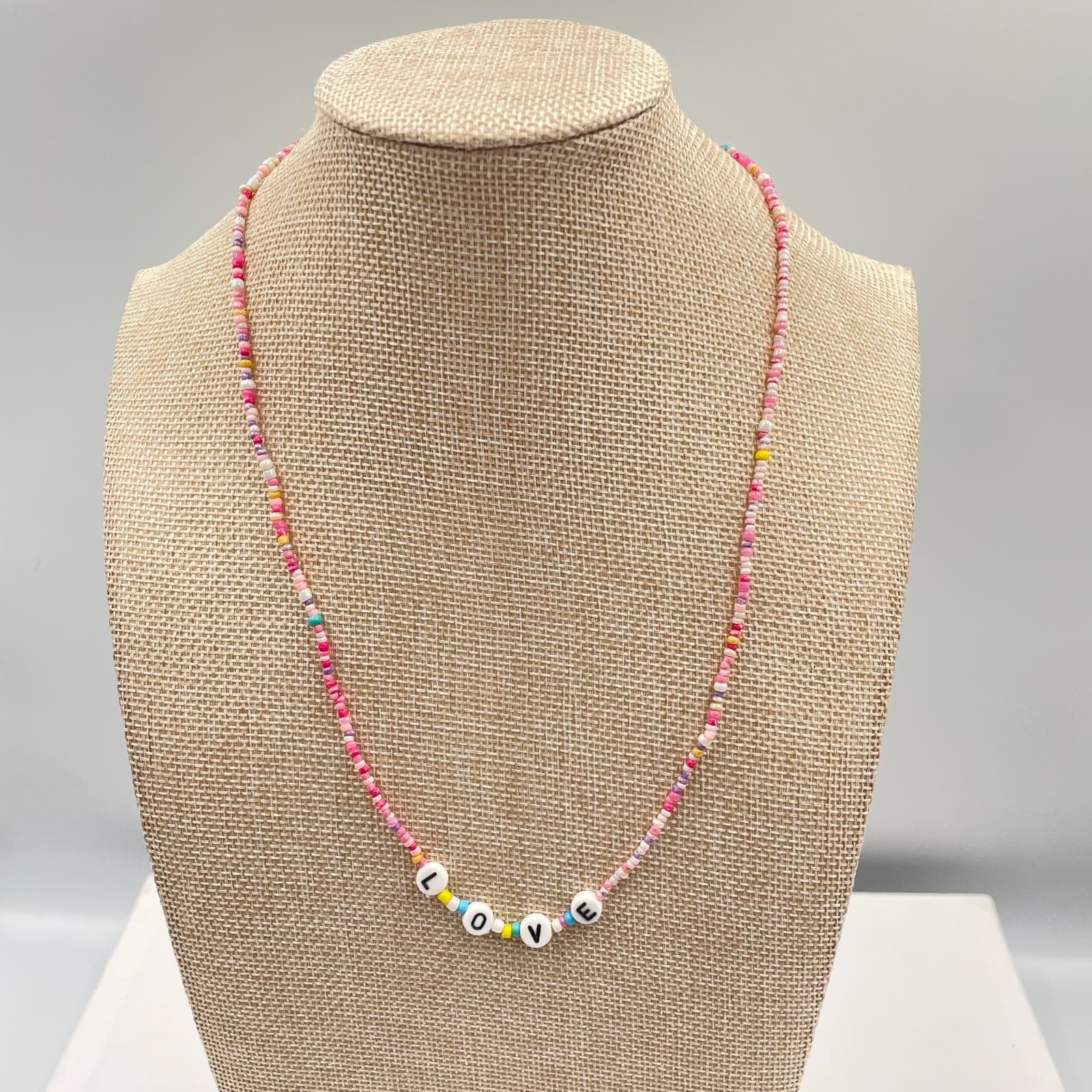 Vintage Boho Beaded LOVE Necklace Pink White Seed Bead Choker Fun Colorful Gift - Image 1