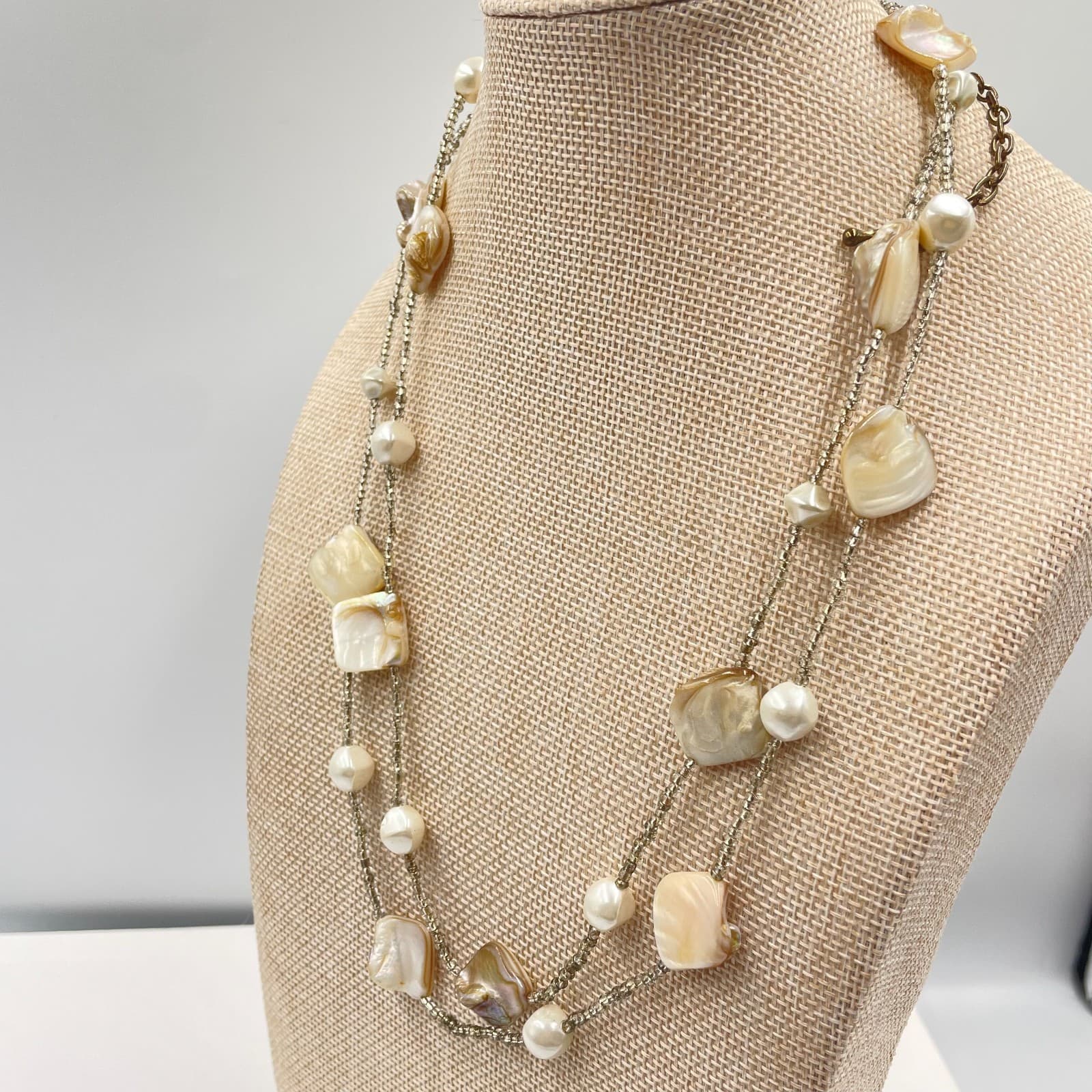 Vintage Mother of Pearl Shell Pearl Double Strand Layered Necklace Boho Cream - Thumbnail 5