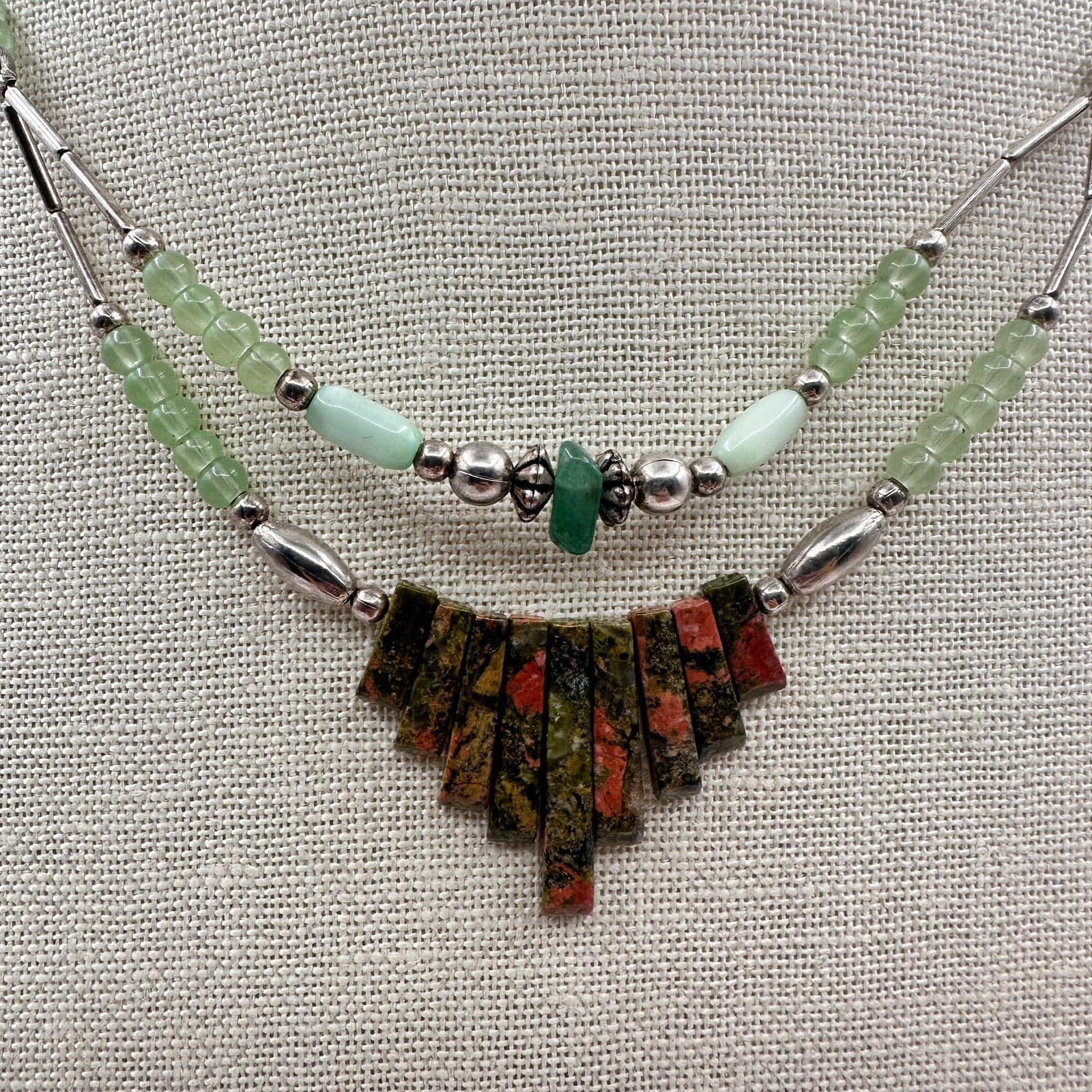 Vintage 80s Silver Tone Southwestern Unakite Green Aventurine Beaded Necklace - Thumbnail 10