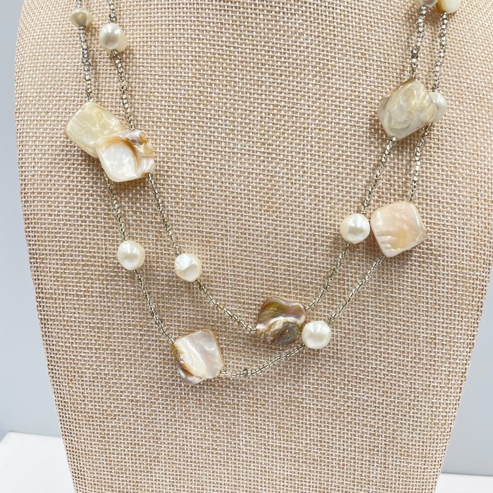 Vintage Mother of Pearl Shell Pearl Double Strand Layered Necklace Boho Cream - Thumbnail 3