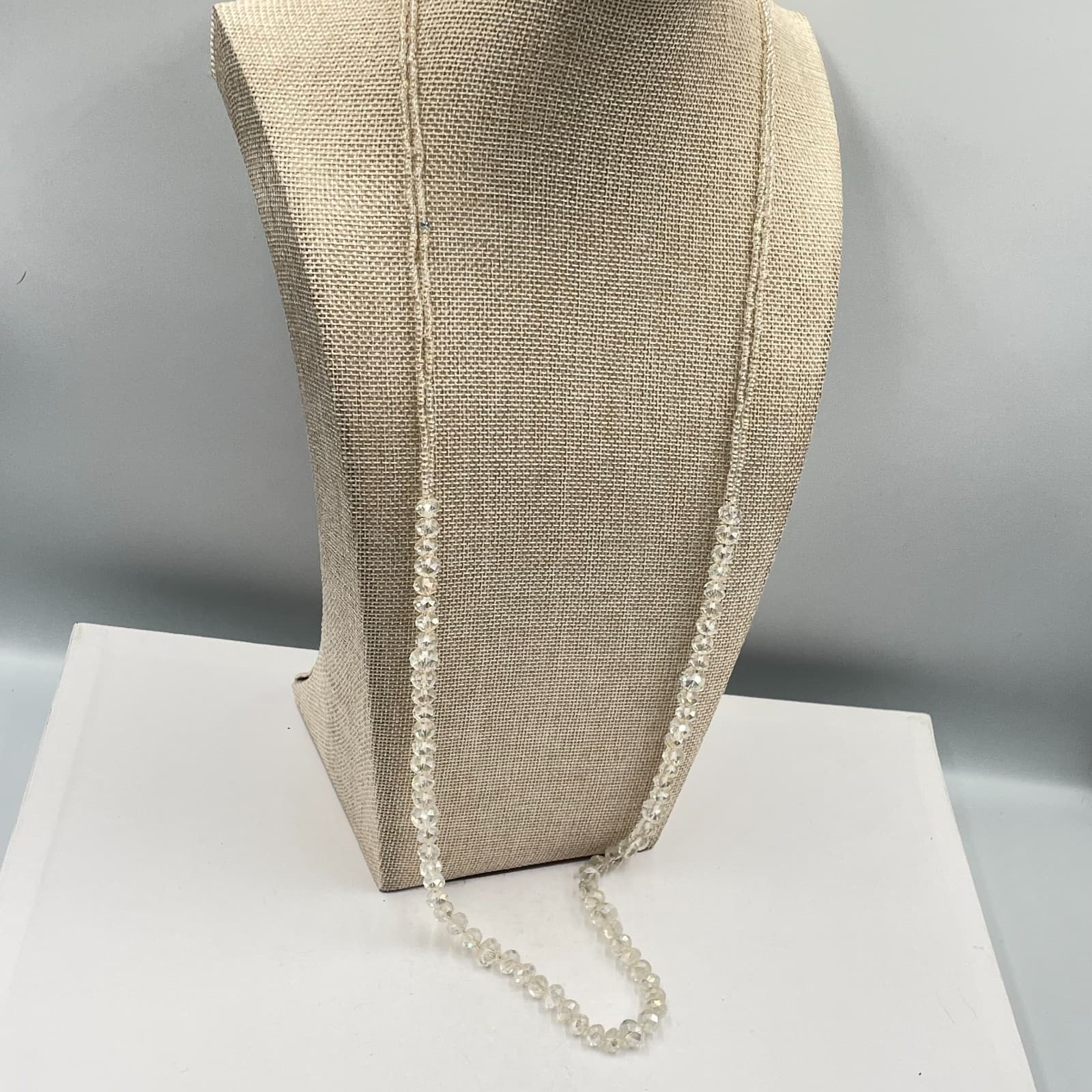 Vintage Long Clear Crystal Bead Necklace Faceted Glass Opera Aurora Borealis - Thumbnail 4