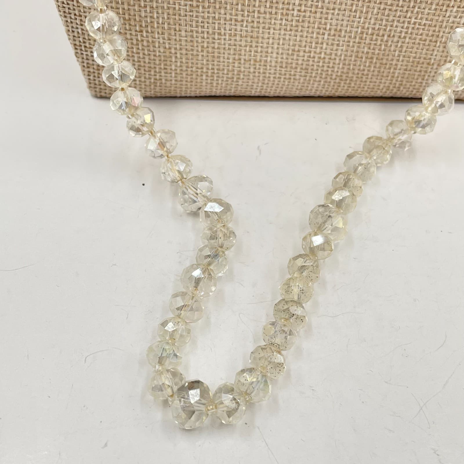 Vintage Long Clear Crystal Bead Necklace Faceted Glass Opera Aurora Borealis - Thumbnail 3