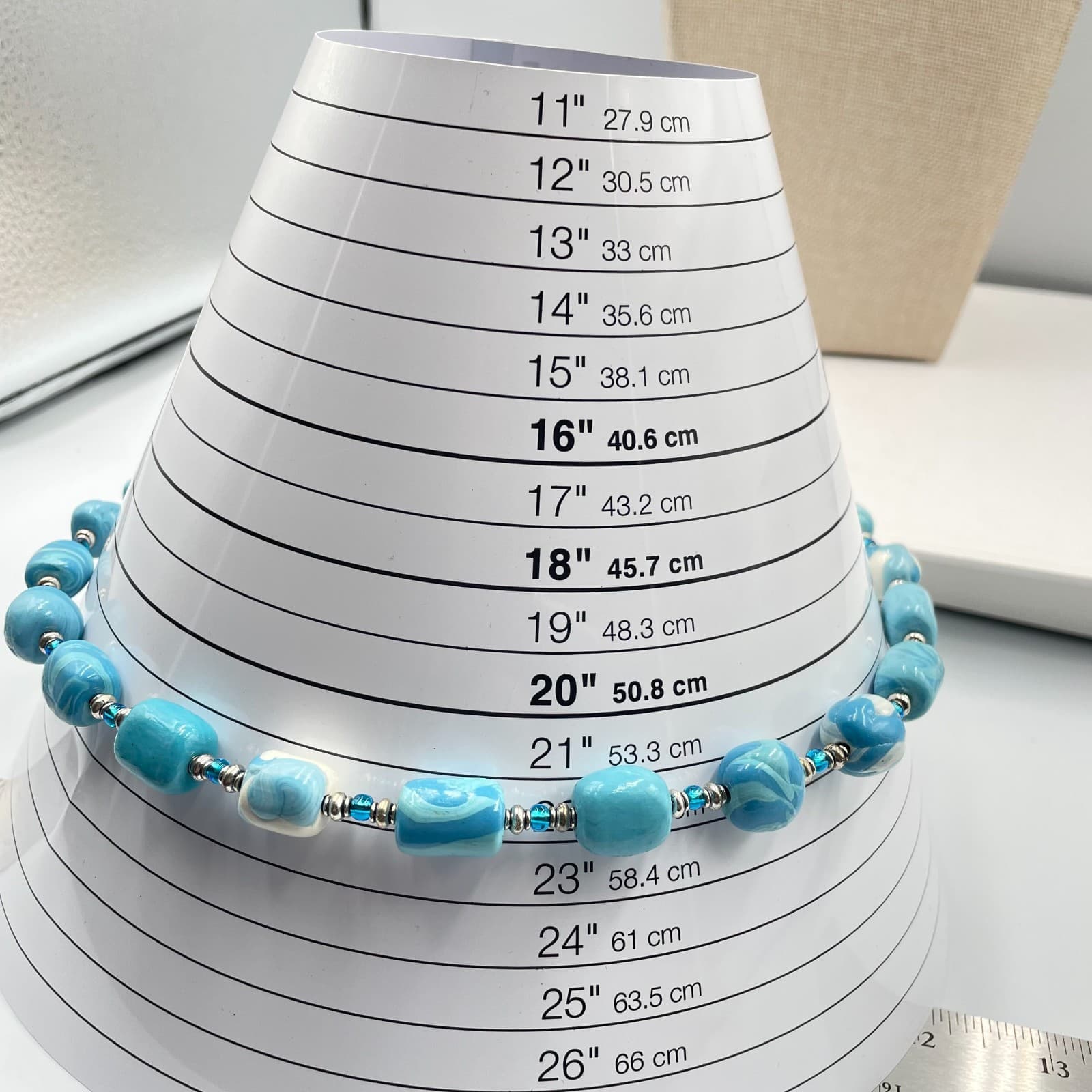 VTG Blue Swirl Polymer Clay Bead Necklace Boho Artisan Silver Spacer Handmade - Thumbnail 7