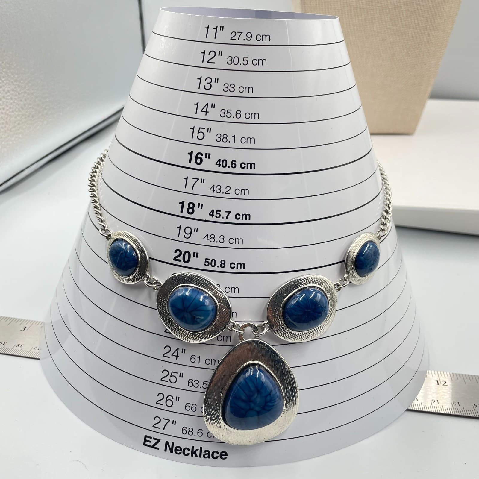 Vintage Boho Statement Necklace Silver Tone Marbled Blue Stone Bib Drop Pendant - Thumbnail 7