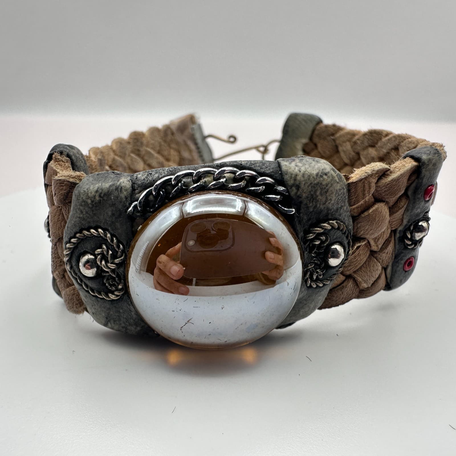 Vintage 90s Beaded Leather Bracelet Glass Dome Women's Classic Fashion Jewelry - Thumbnail 2