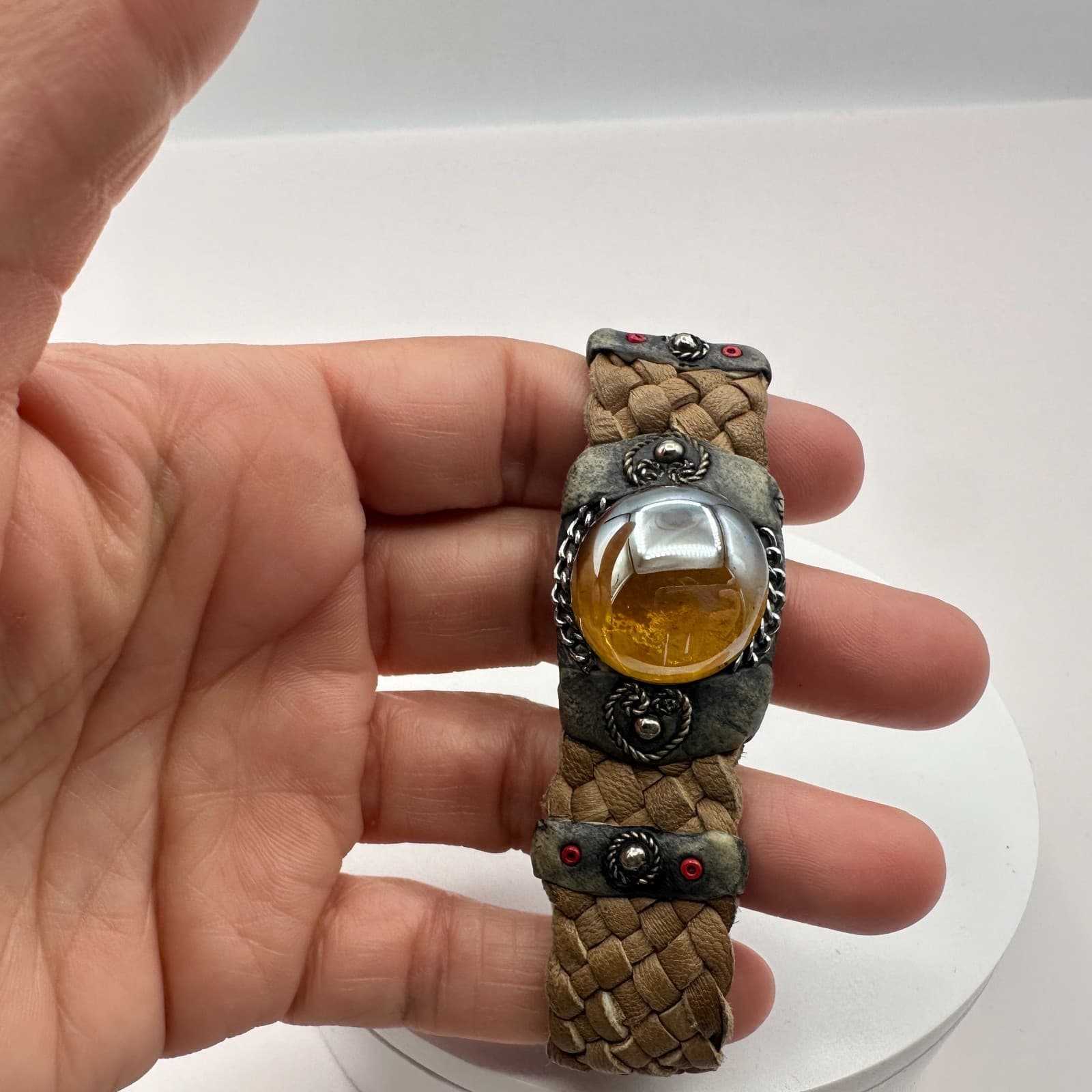 Vintage 90s Beaded Leather Bracelet Glass Dome Women's Classic Fashion Jewelry - Thumbnail 7