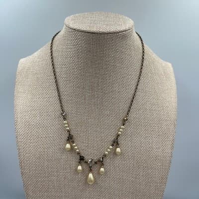 Vintage Silver Tone Square Mother of Pearl Shell Pendant Snake Chain Necklace - Image 1