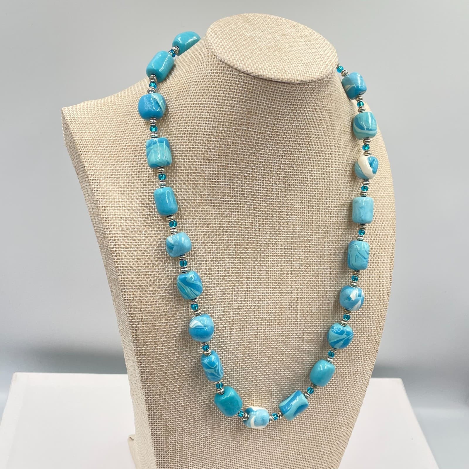 VTG Blue Swirl Polymer Clay Bead Necklace Boho Artisan Silver Spacer Handmade - Thumbnail 4