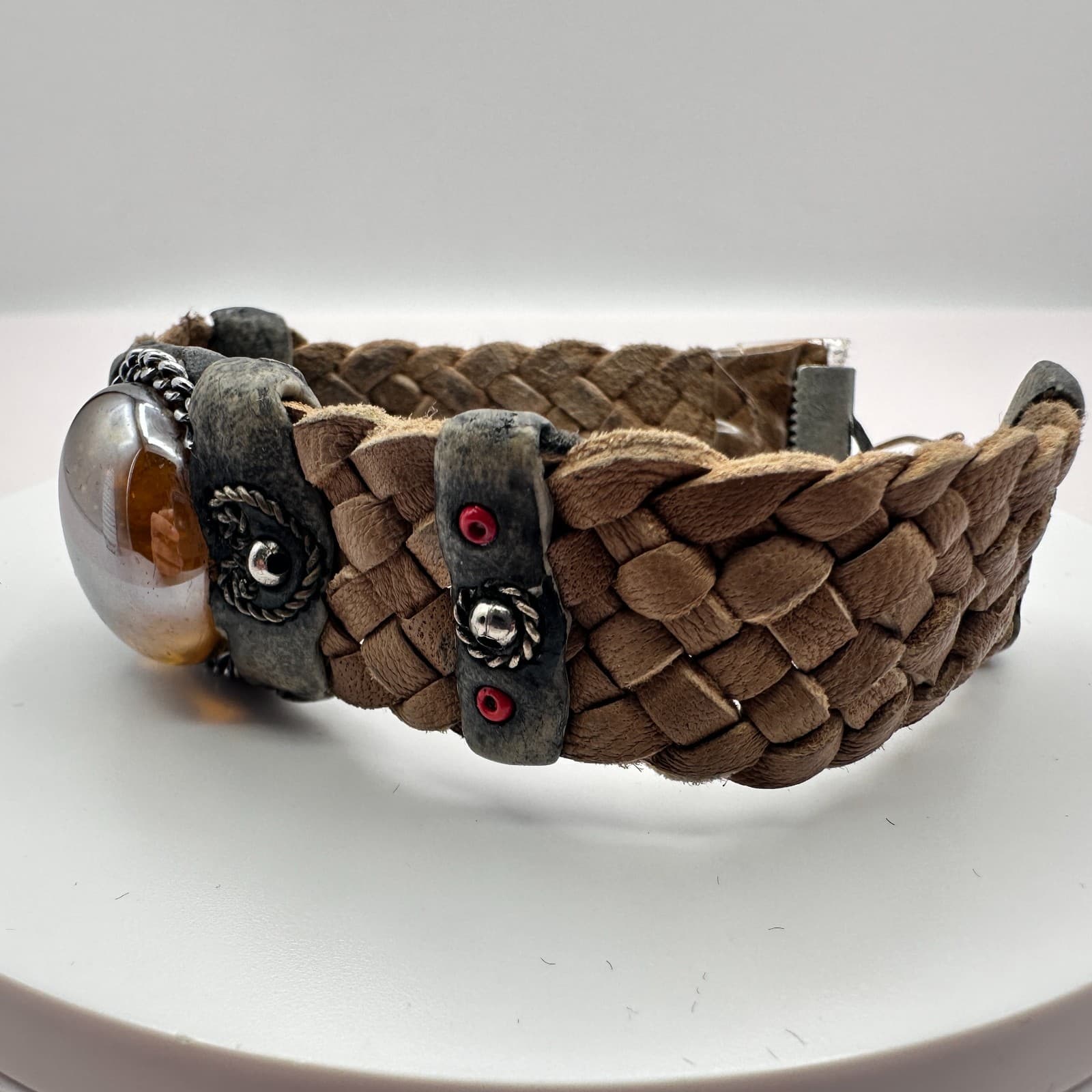 Vintage 90s Beaded Leather Bracelet Glass Dome Women's Classic Fashion Jewelry - Thumbnail 4