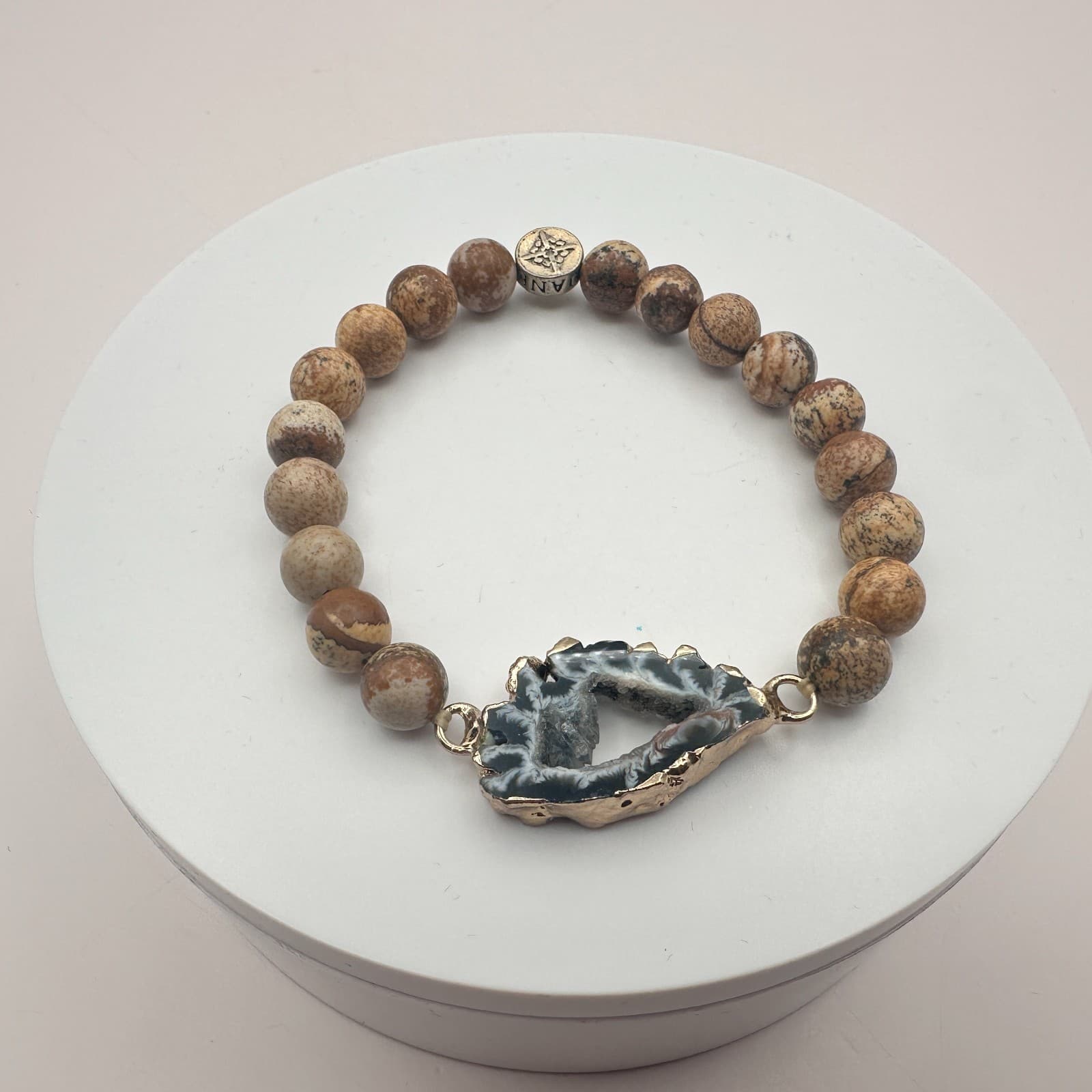 Vintage Y2K Gold Tone Agate Beaded Bracelet Boho Women's Classic Jewelry - Thumbnail 2