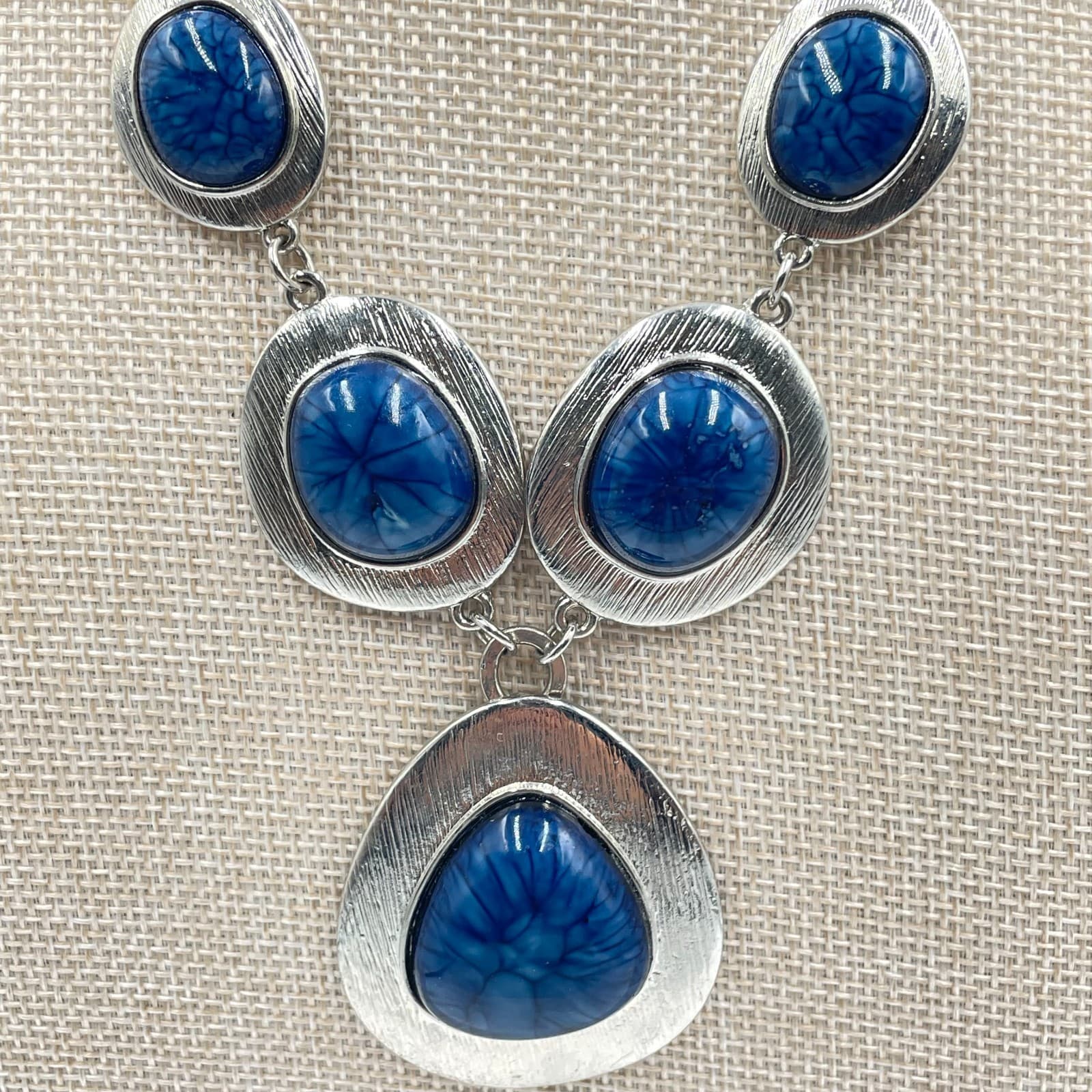 Vintage Boho Statement Necklace Silver Tone Marbled Blue Stone Bib Drop Pendant - Thumbnail 3