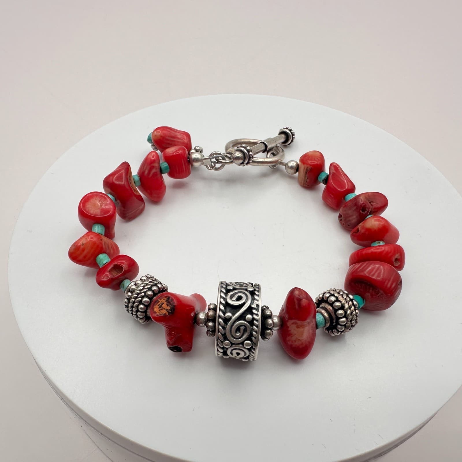 Vintage 90s Silver Tone Boho Red Beaded Bracelet Women's Classic Fashion Jewelry - Thumbnail 3