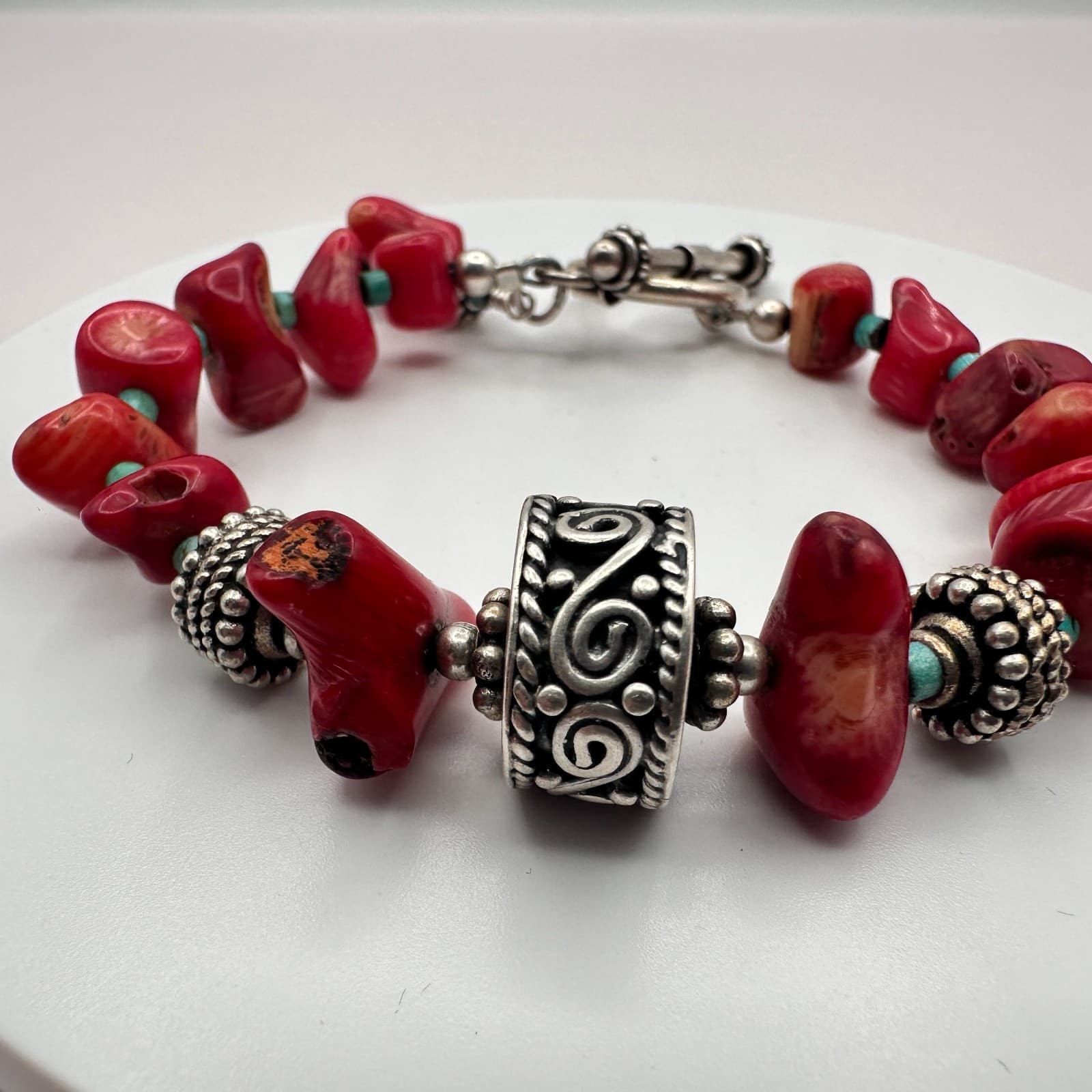 Vintage 90s Silver Tone Boho Red Beaded Bracelet Women's Classic Fashion Jewelry - Thumbnail 5