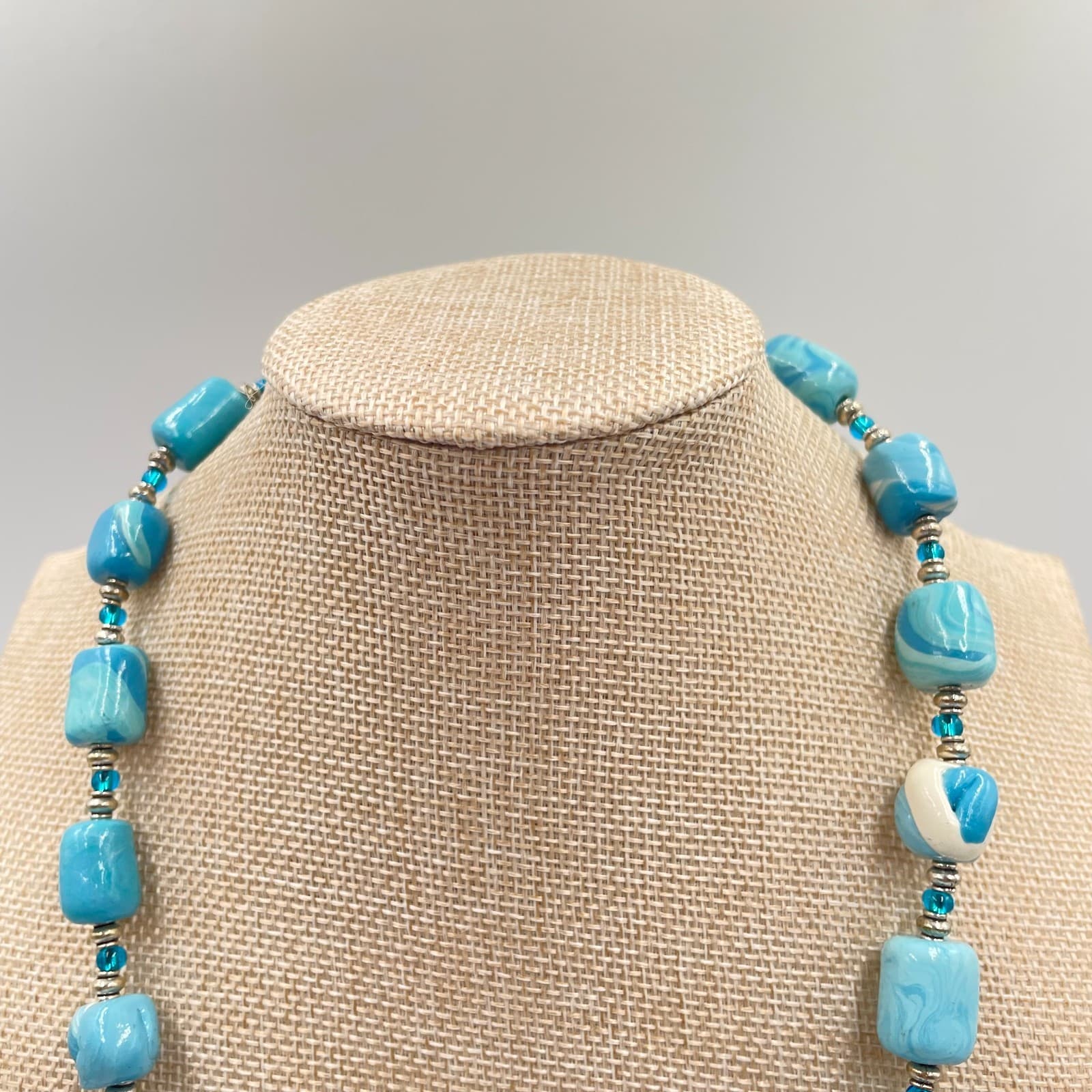 VTG Blue Swirl Polymer Clay Bead Necklace Boho Artisan Silver Spacer Handmade - Thumbnail 2