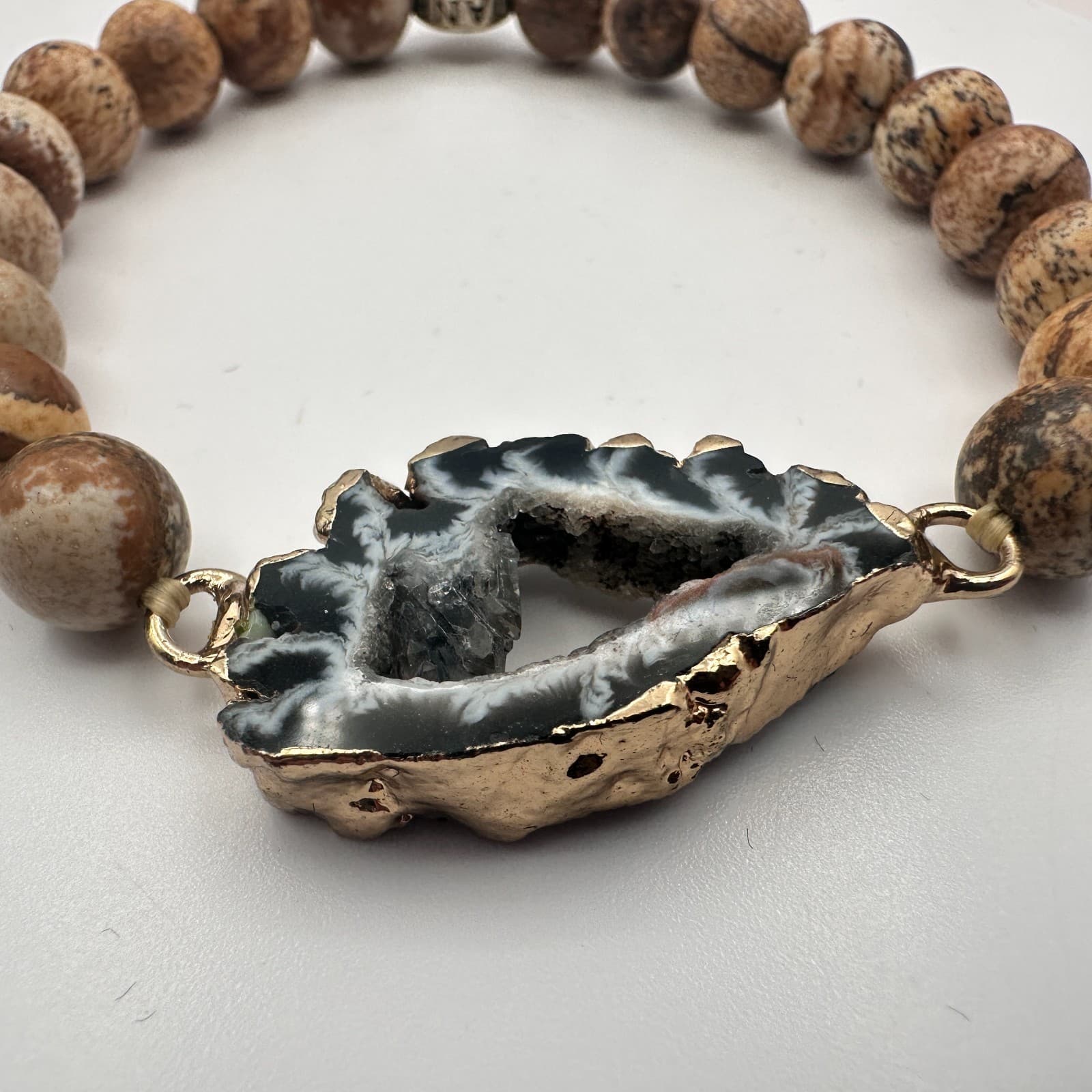 Vintage Y2K Gold Tone Agate Beaded Bracelet Boho Women's Classic Jewelry - Thumbnail 3