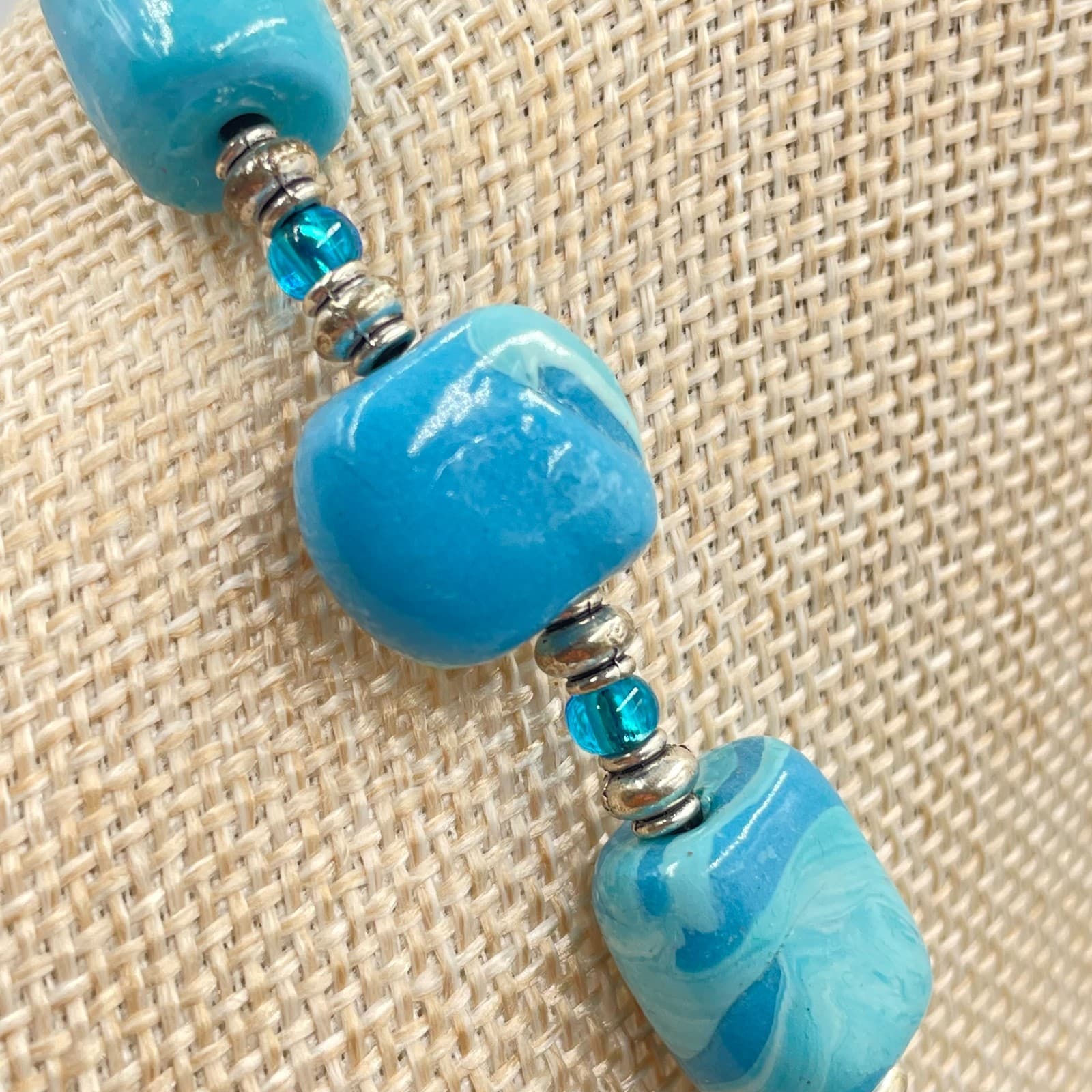 VTG Blue Swirl Polymer Clay Bead Necklace Boho Artisan Silver Spacer Handmade - Thumbnail 5