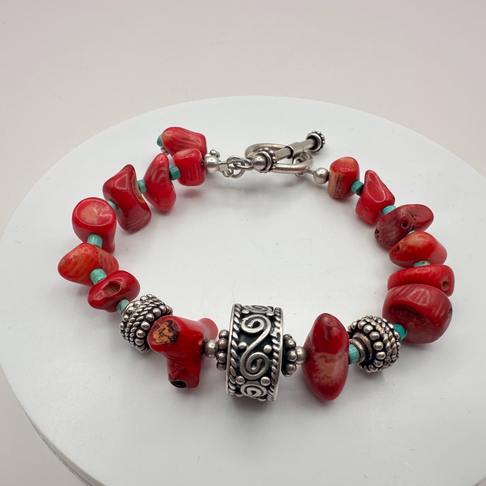 Vintage 90s Silver Tone Boho Red Beaded Bracelet Women's Classic Fashion Jewelry - Thumbnail 7