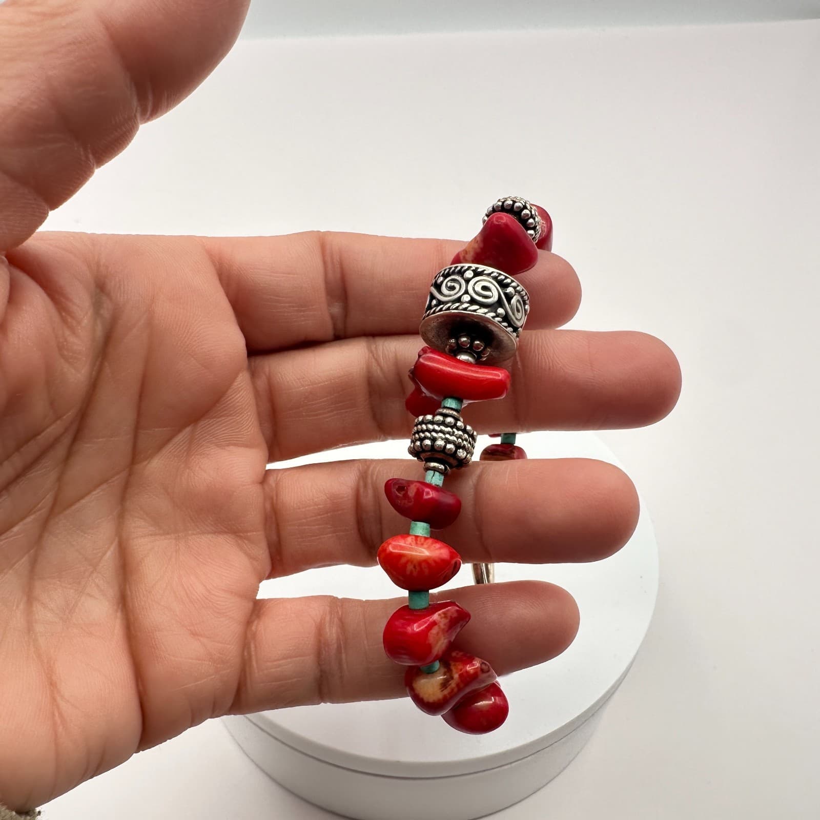 Vintage 90s Silver Tone Boho Red Beaded Bracelet Women's Classic Fashion Jewelry - Thumbnail 9