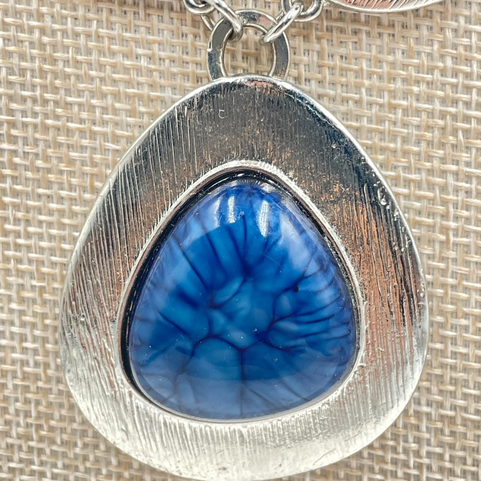 Vintage Boho Statement Necklace Silver Tone Marbled Blue Stone Bib Drop Pendant - Thumbnail 4