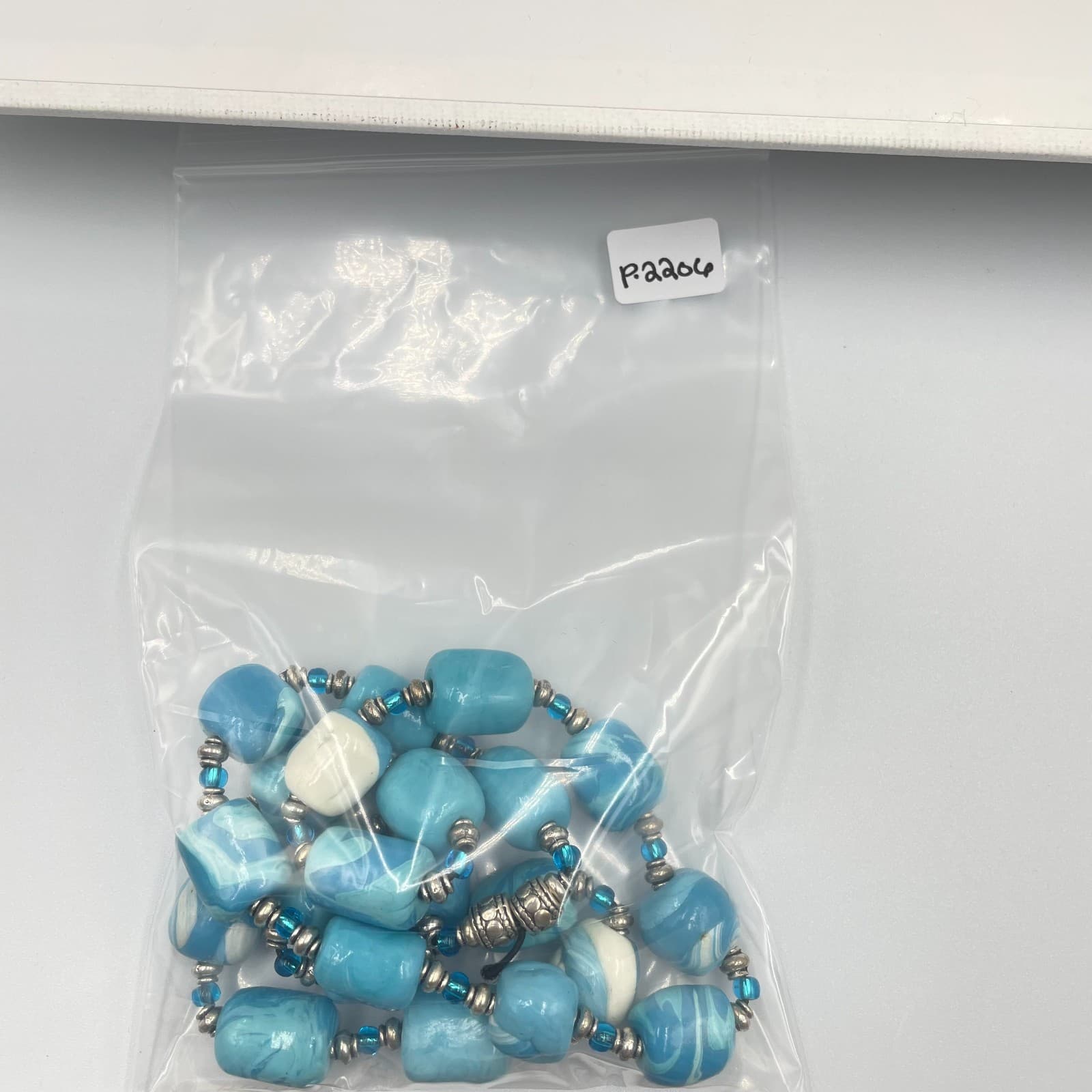 VTG Blue Swirl Polymer Clay Bead Necklace Boho Artisan Silver Spacer Handmade - Thumbnail 8