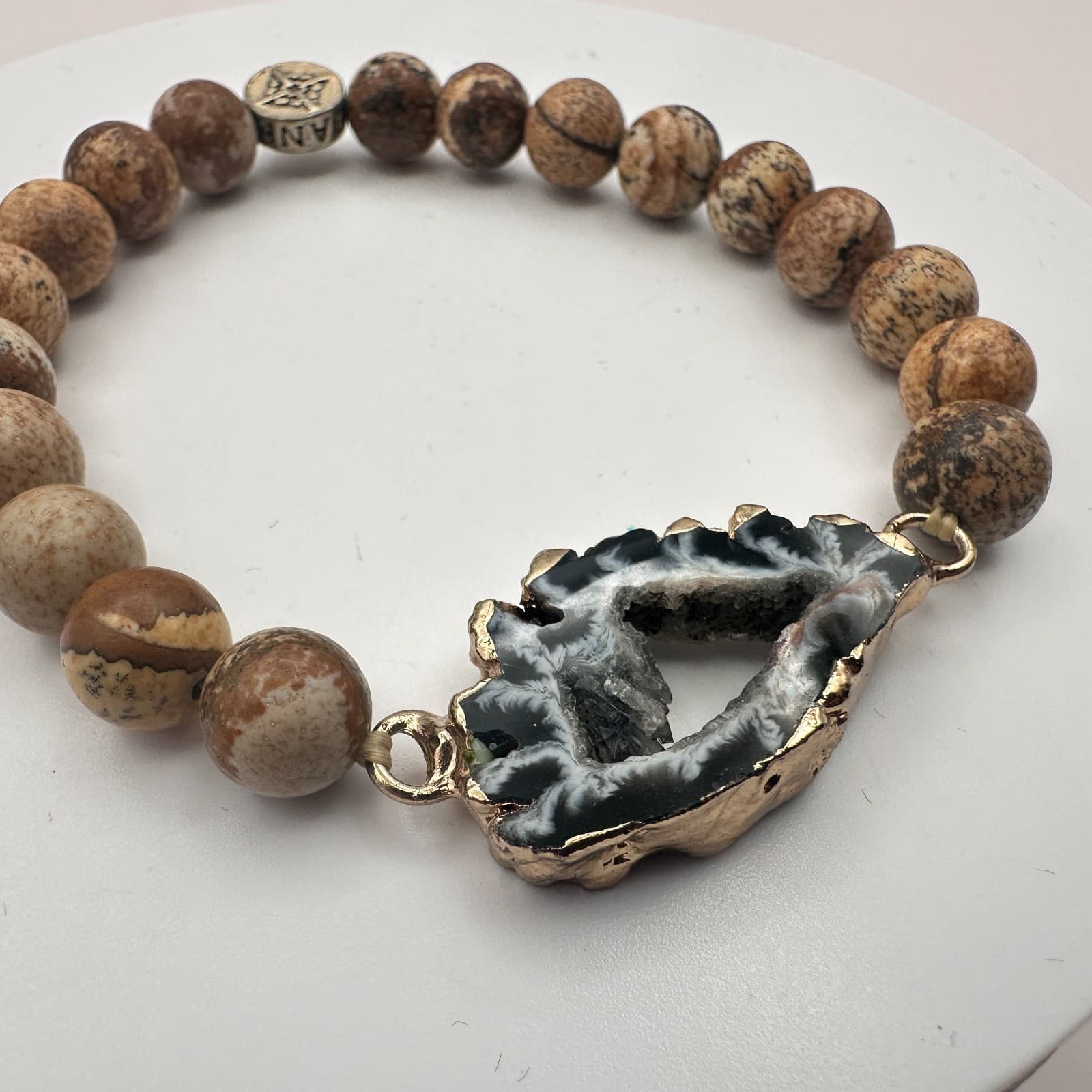 Vintage Y2K Gold Tone Agate Beaded Bracelet Boho Women's Classic Jewelry - Thumbnail 5