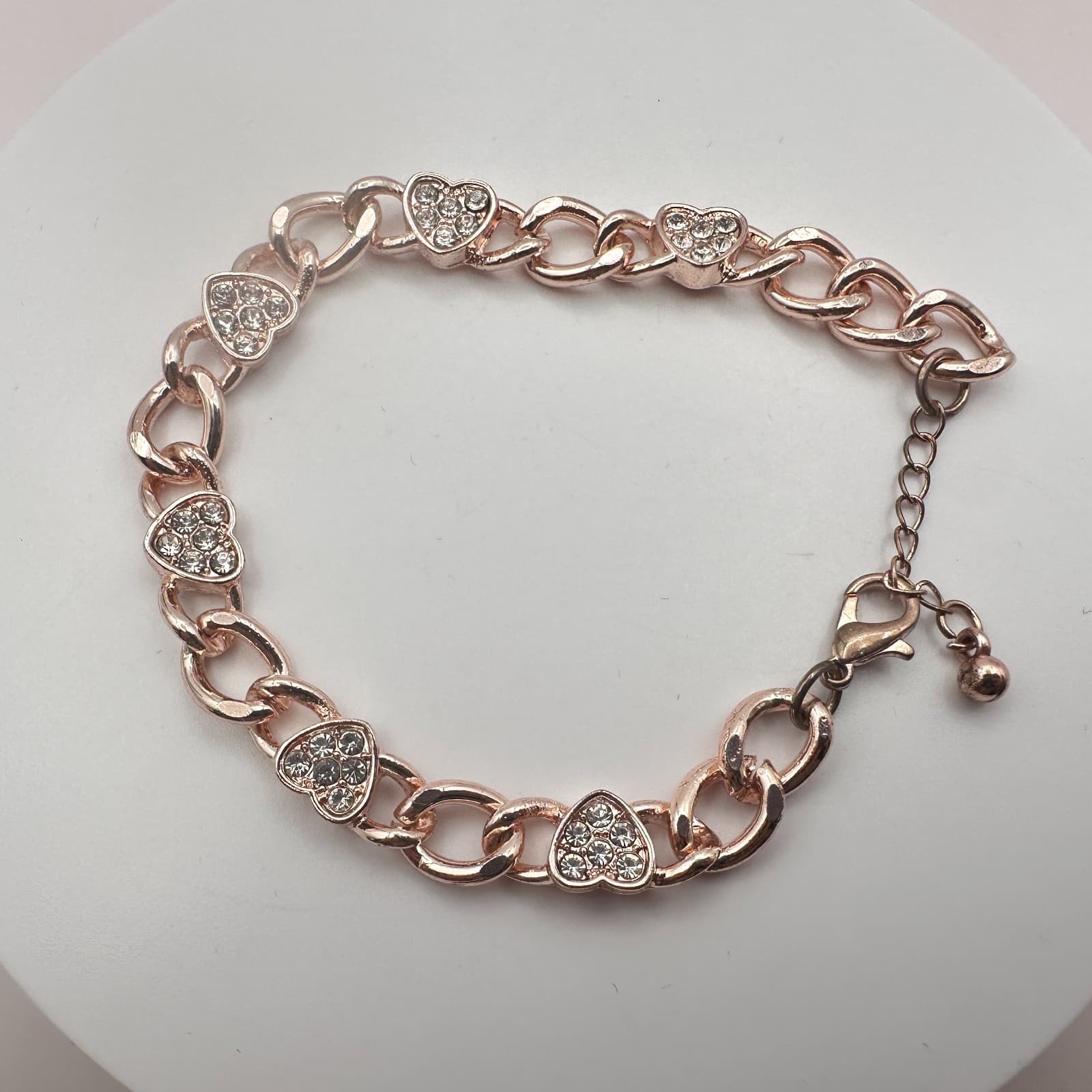 Vintage 90s Gold Tone Heart Link Bracelet Clear Glass Accents Romantic Jewelry - Image 1