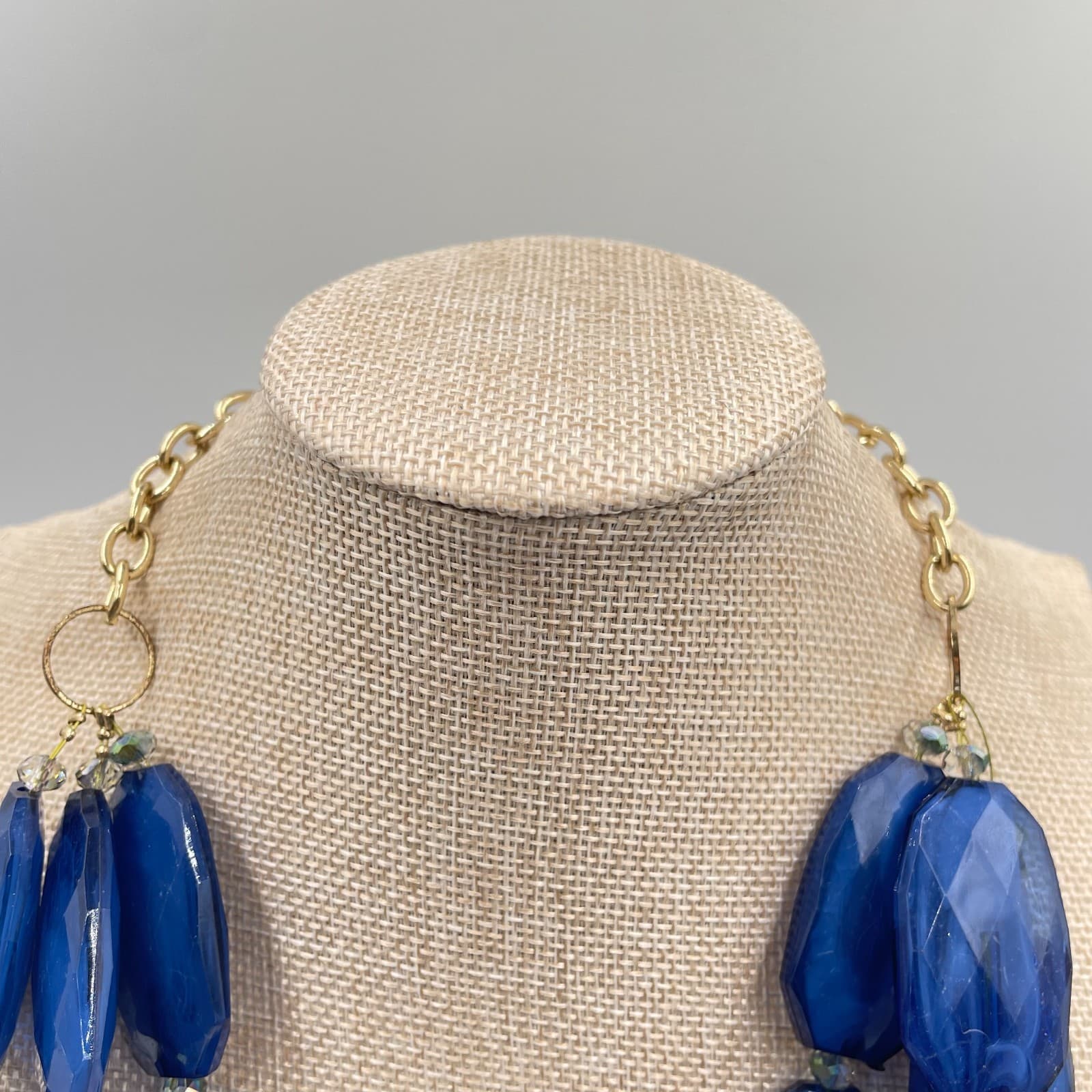 Adjustable Gold-Tone Ombre Blue Faceted Beads Statement Bib Layered Necklace - Thumbnail 2