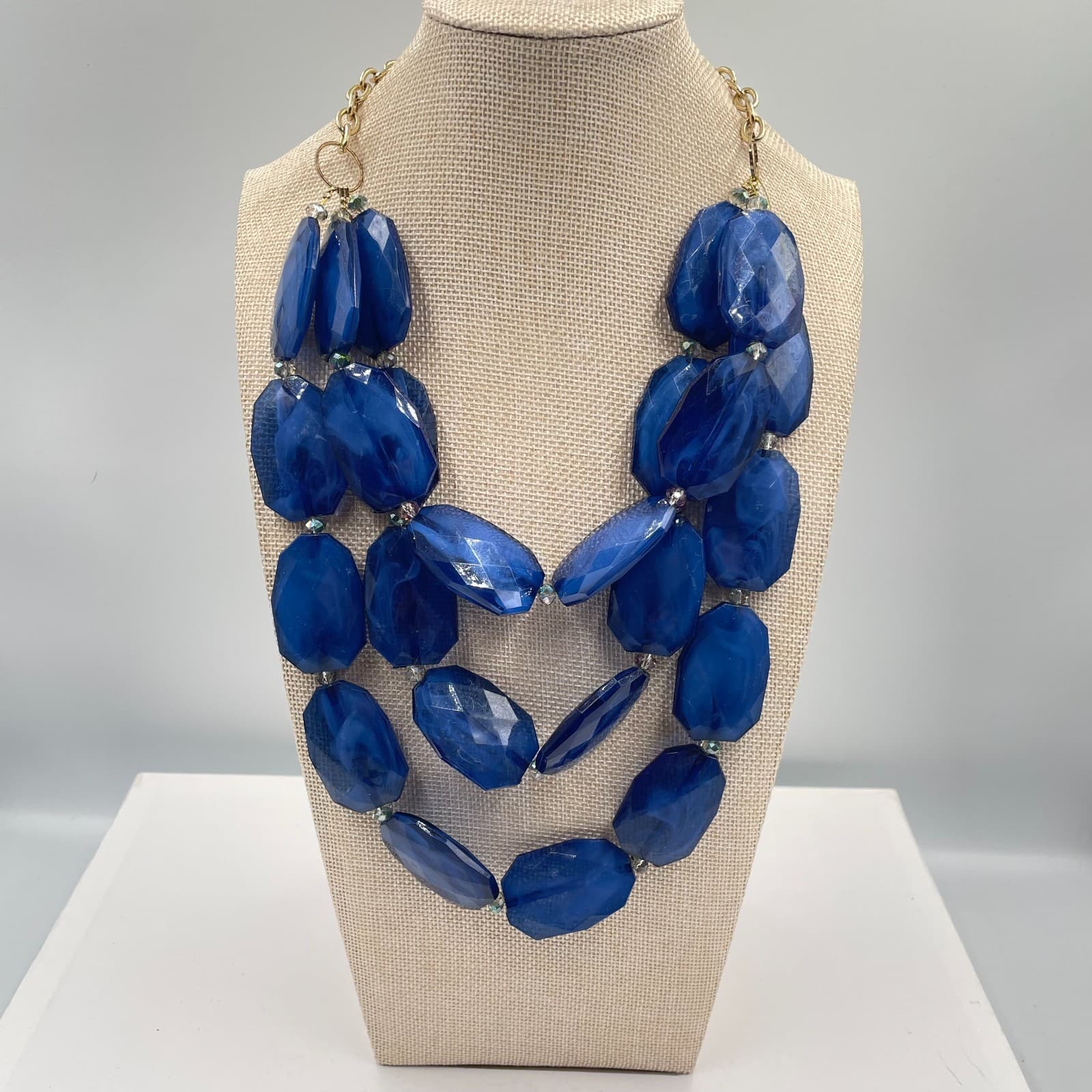 Adjustable Gold-Tone Ombre Blue Faceted Beads Statement Bib Layered Necklace - Image 1