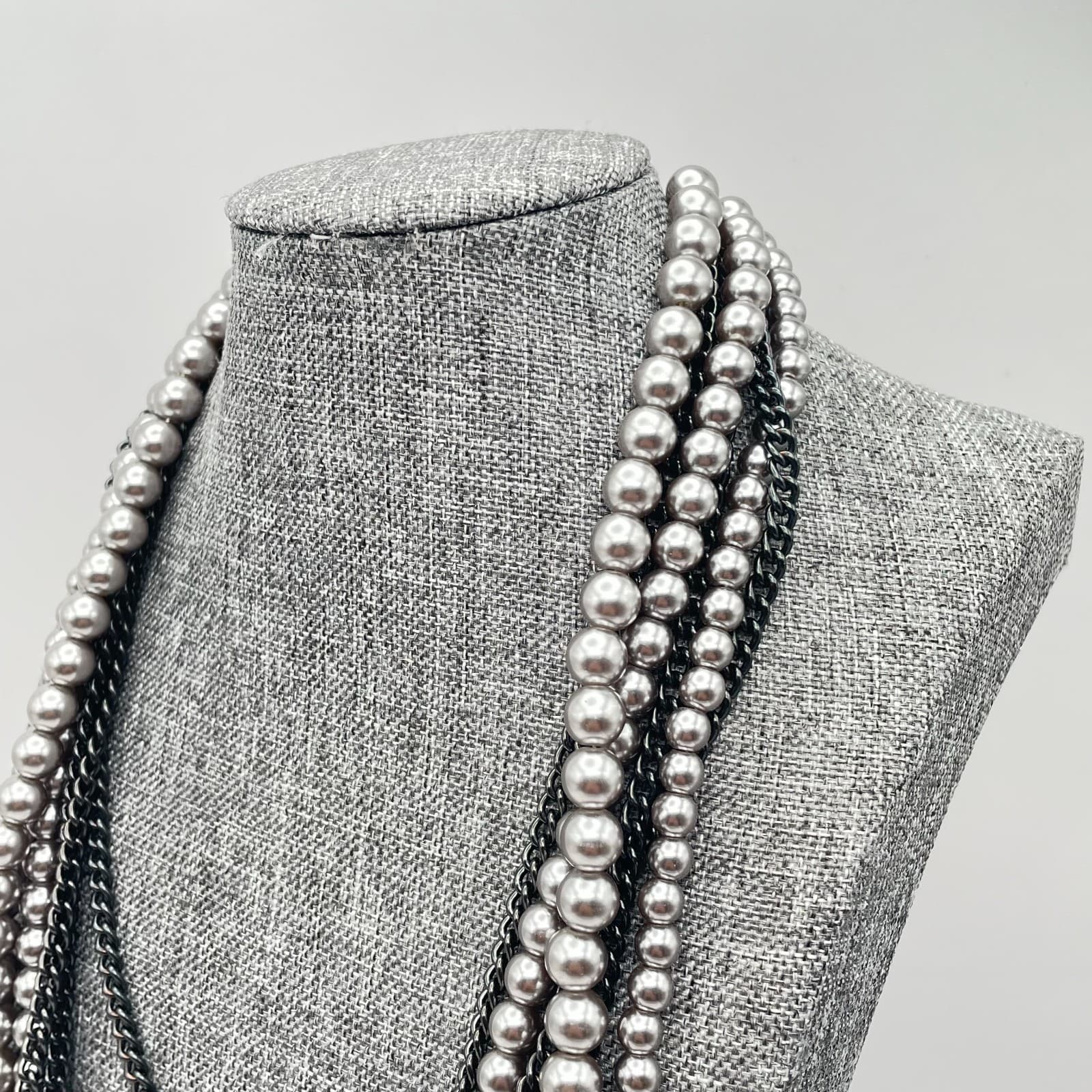 Vintage Y2K Multi Strand Gray Faux Pearl Chain Statement Necklace Heaped Jewelry - Thumbnail 4