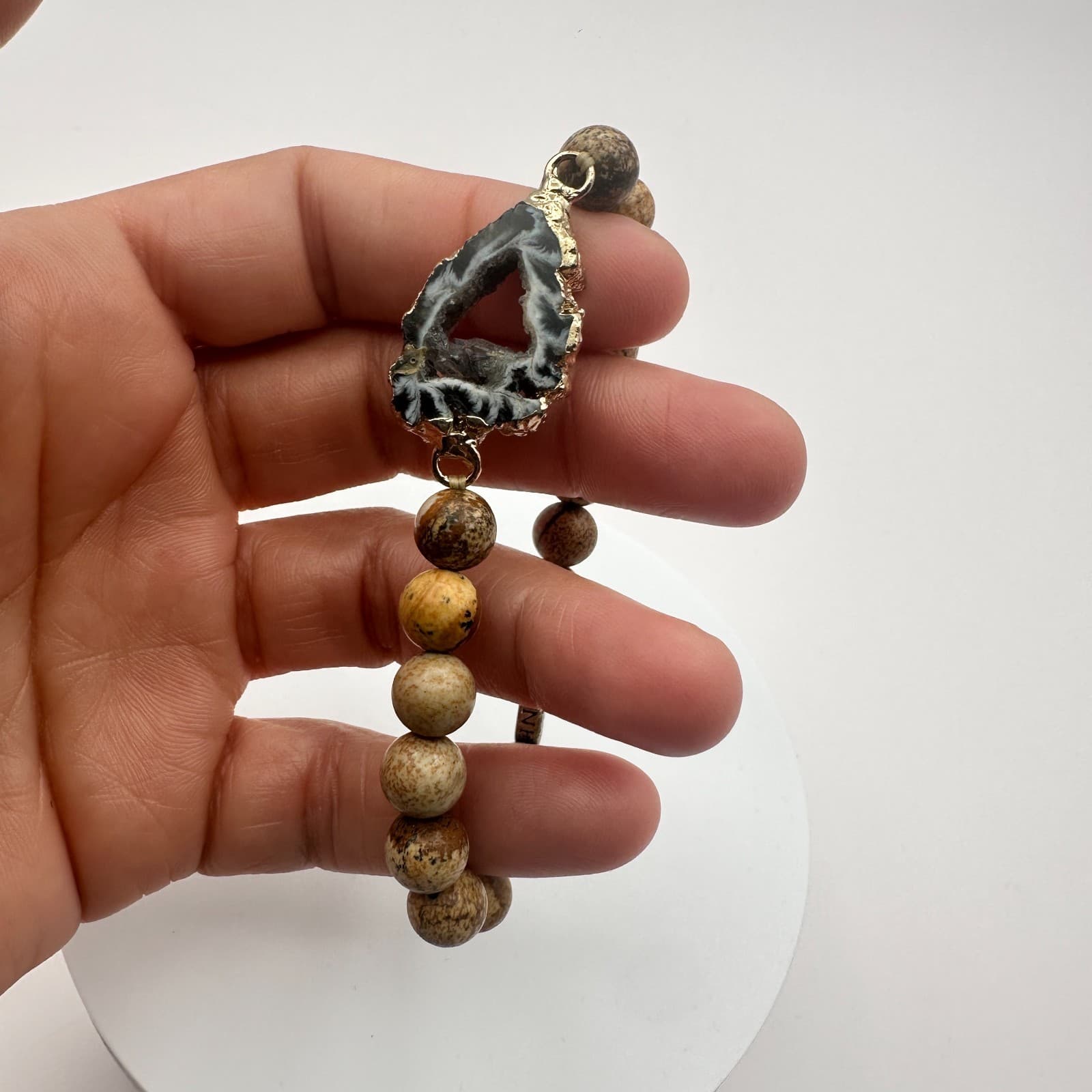 Vintage Y2K Gold Tone Agate Beaded Bracelet Boho Women's Classic Jewelry - Thumbnail 6