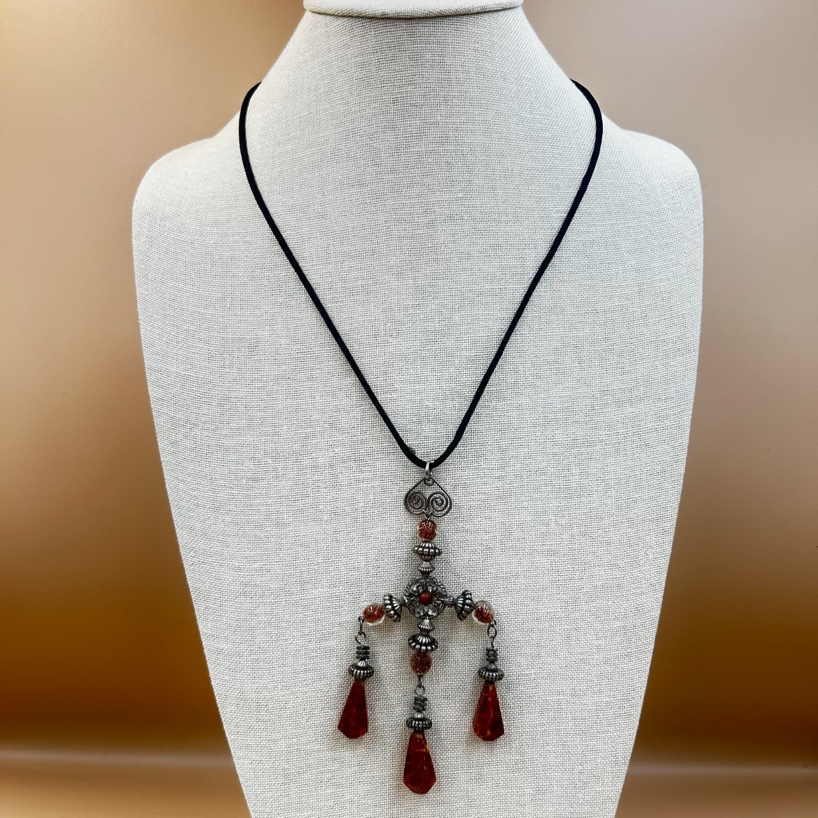 Vintage Amber Ladies Dangling Pendant Necklace Satin Cord 23'' - Image 1