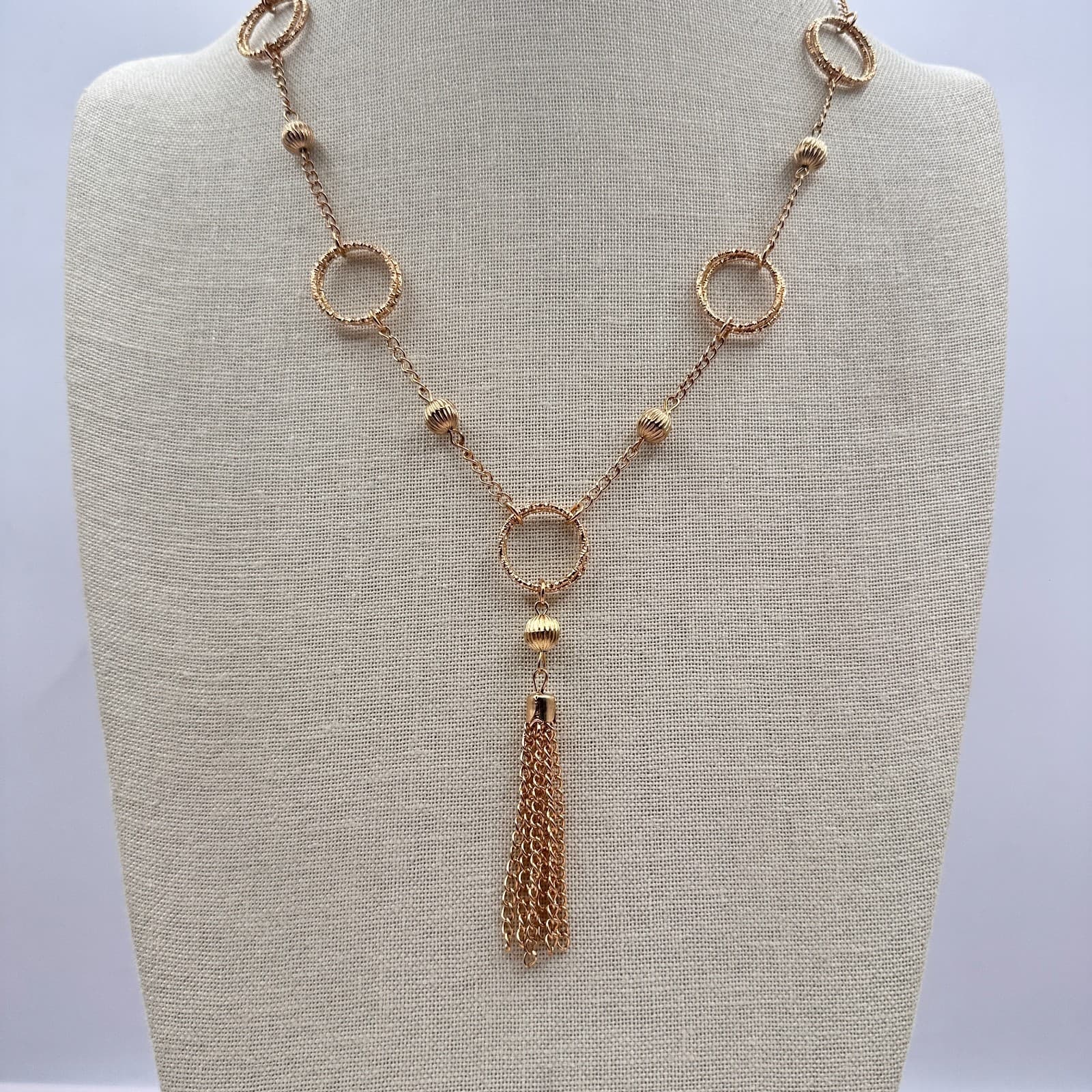 Vintage Y2K Gold Tone Textured Multi Ring Tassel Statement Necklace Jewelry - Thumbnail 8