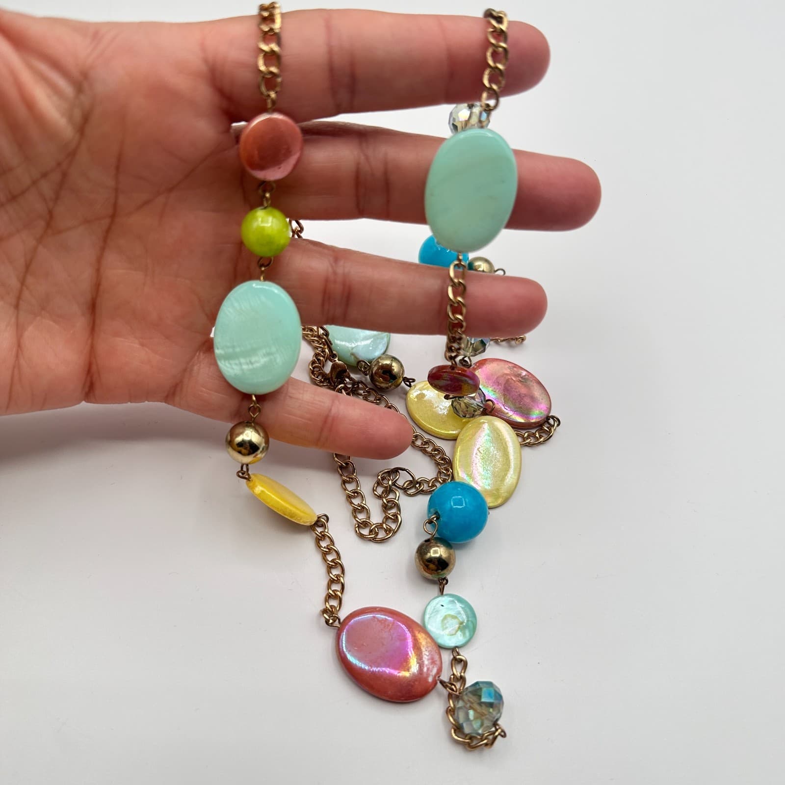 Vintage Y2K Womens Beaded Statement Necklace Iridescent Shell Accents Jewelry - Thumbnail 2