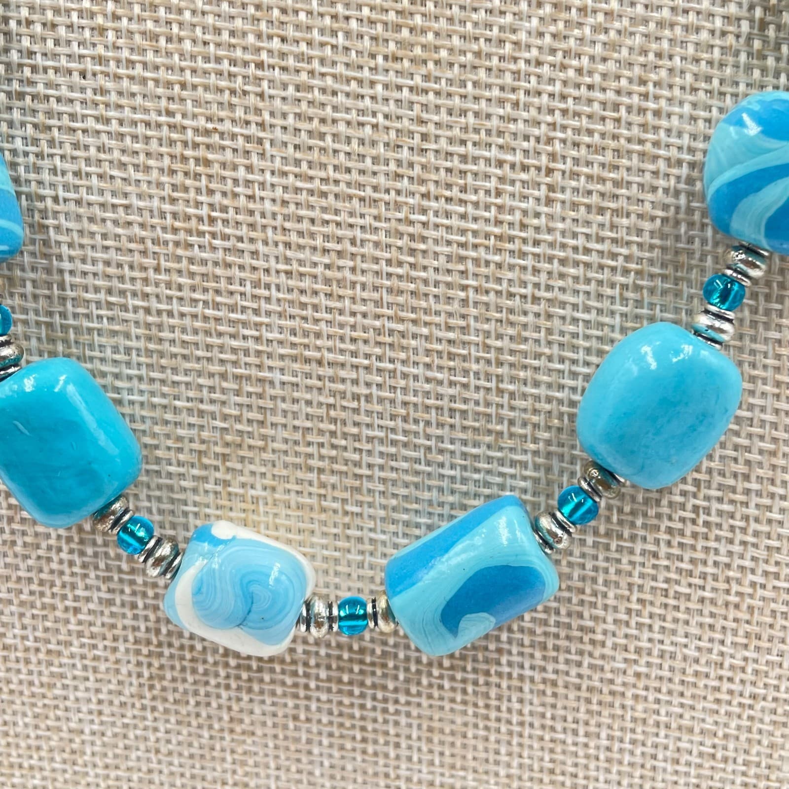 VTG Blue Swirl Polymer Clay Bead Necklace Boho Artisan Silver Spacer Handmade - Thumbnail 3
